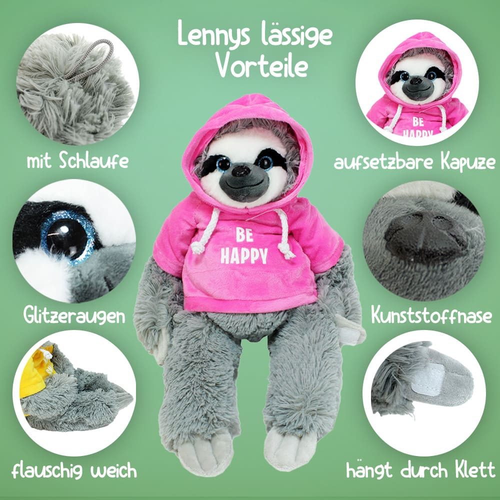 Rasehorn Kuscheltier Faultier Stofftier mit Kapuze Kuscheltier mit Glitzeraugen und Spruch