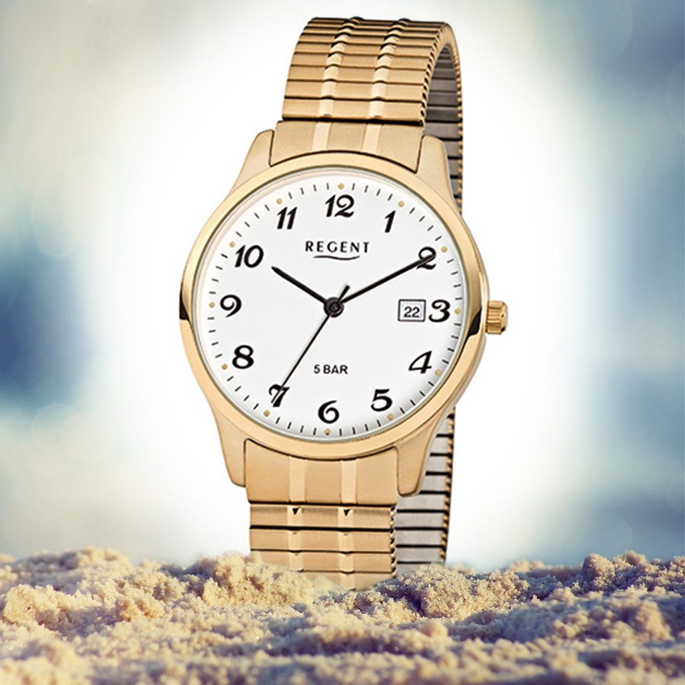 Regent Quarzuhr Regent Herren-Armbanduhr gold Analog F-876, (Analoguhr), Herren Armbanduhr rund, mittel (ca. 36mm), Edelstahl, goldarmband