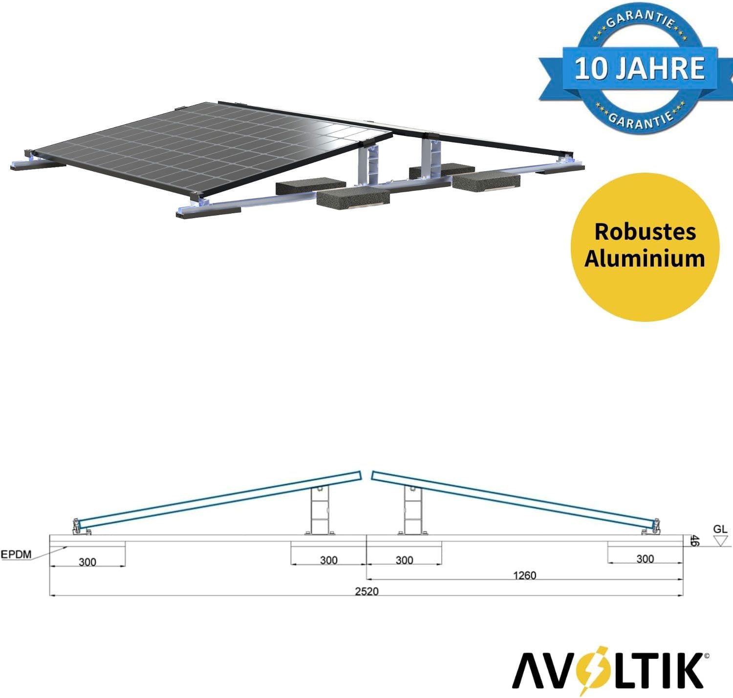 avoltik Solarmodul-Halterung Halterung Flachdach Ballast Montageset PV Winkel 10° f. 2 Module, (Die PV Halterung ist geeignet für Photovoltaik-Module mit max. 2000 mm x 1200 mm., Die Halterung ermöglicht Module in mehrere Richtungen auszurichten., Die PV Halterung ist geeignet für Module mit max. 2000 mm x 1200 mm)