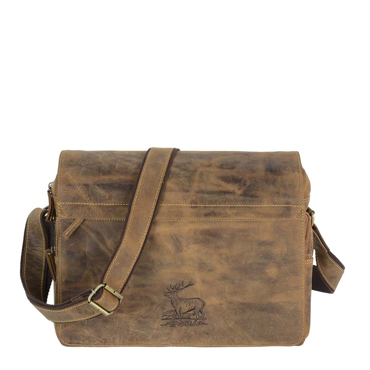 Greenburry Umhängetasche Vintage Hunting, Schultertasche, Messenger Bag 36cm, Hirsch-Prägung