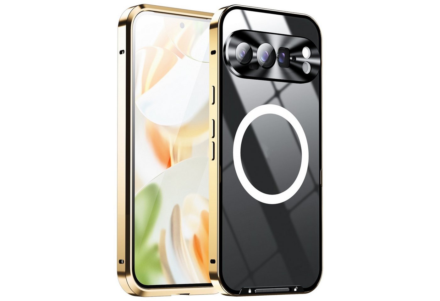 Wigento Handyhülle Für Google Pixel 9 Pro Magsafe Metall Cover Schutz Tasche Hülle Gold, MagSafe Metall Handyhülle mit erhöhter Schutzkante