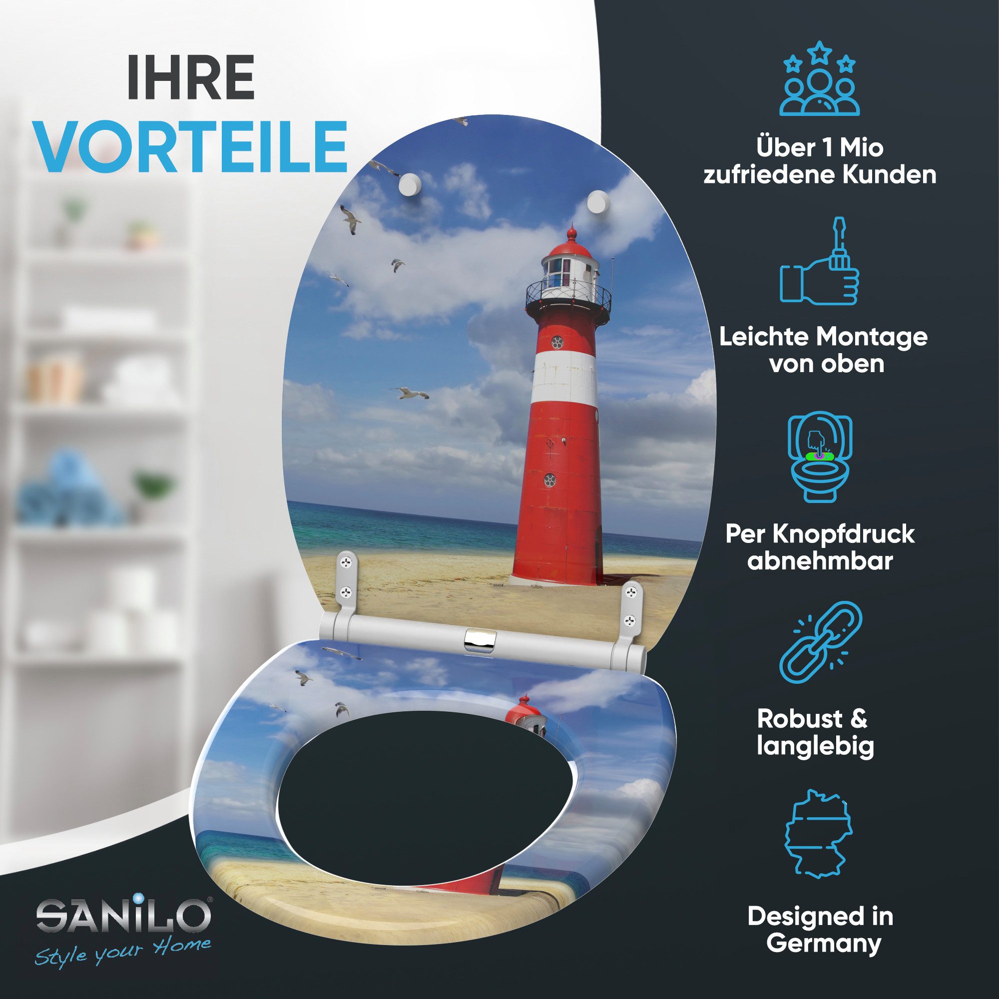 Sanilo WC-Sitz mit Absenkautomatik, viele Toilettendeckel direkt vom Hersteller, hochwertig & modern, universell, leichte Montage