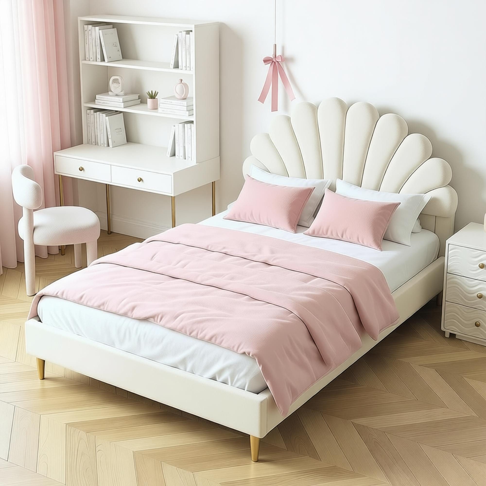 Simurq Polsterbett Kinderbett Mädchen 140x200cm, Kopfteil in Blumenform Muschelform, Doppelbett Gepolstertes Bettgestell mit Lattenrost,Samt