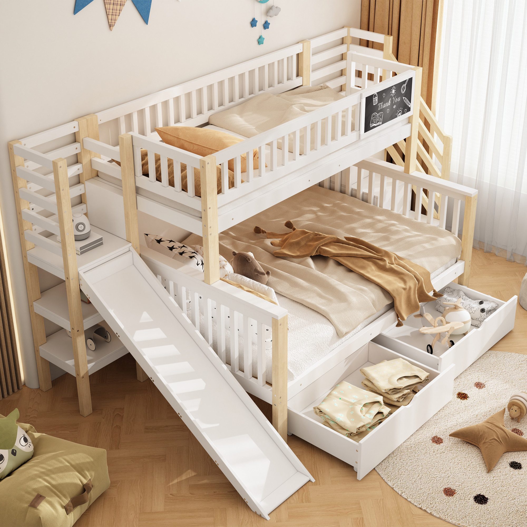 Flieks Etagenbett, Kinderbett 90x200cm+140x200cm mit Tafel, günstig online kaufen