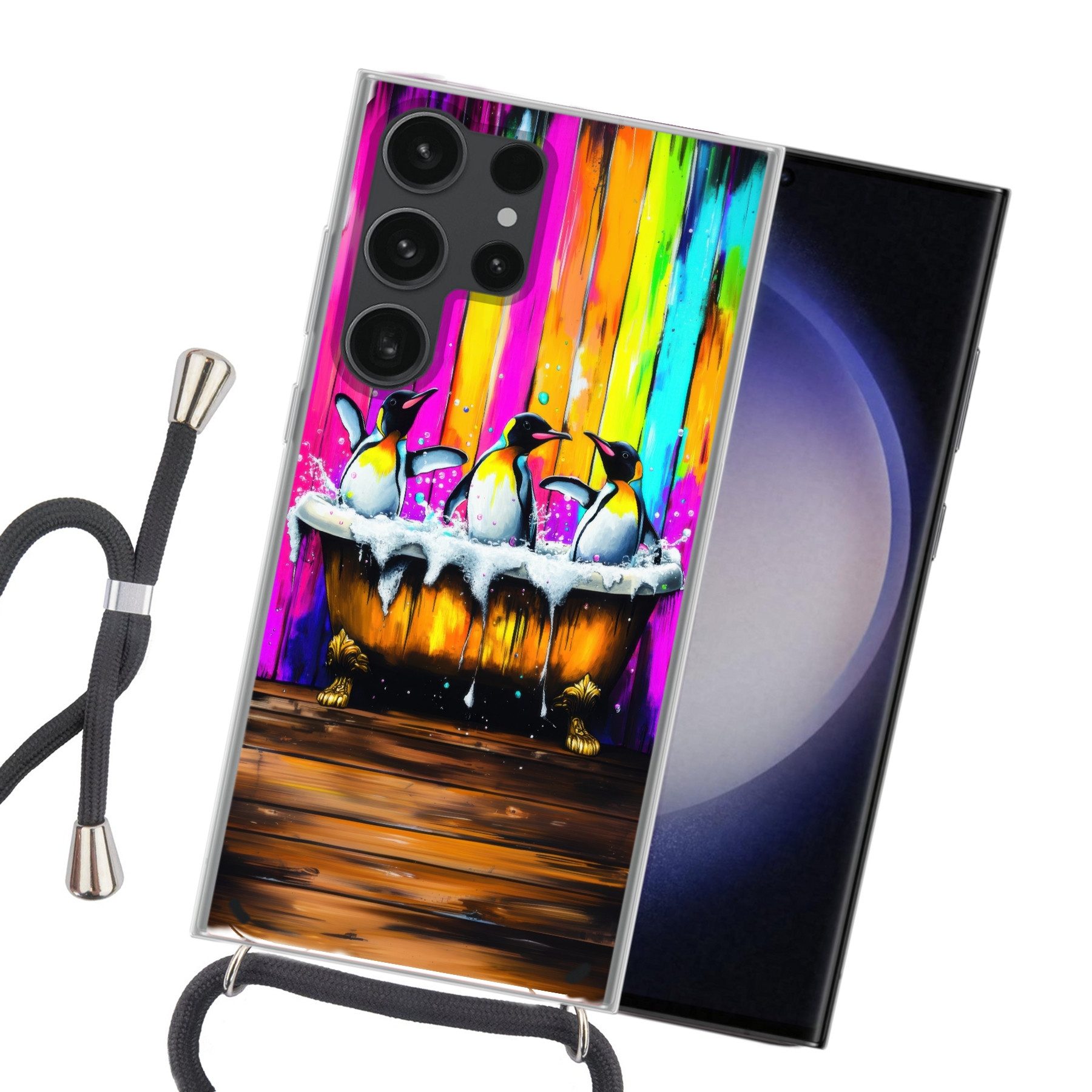 MuchoWow Handyhülle für Samsung Galaxy S23 Ultra Pinguine - Badewanne - Bunt - Schaumstoff, Tragbare Handyhüllen mit Kette zum umhängen, Handykette Handyband
