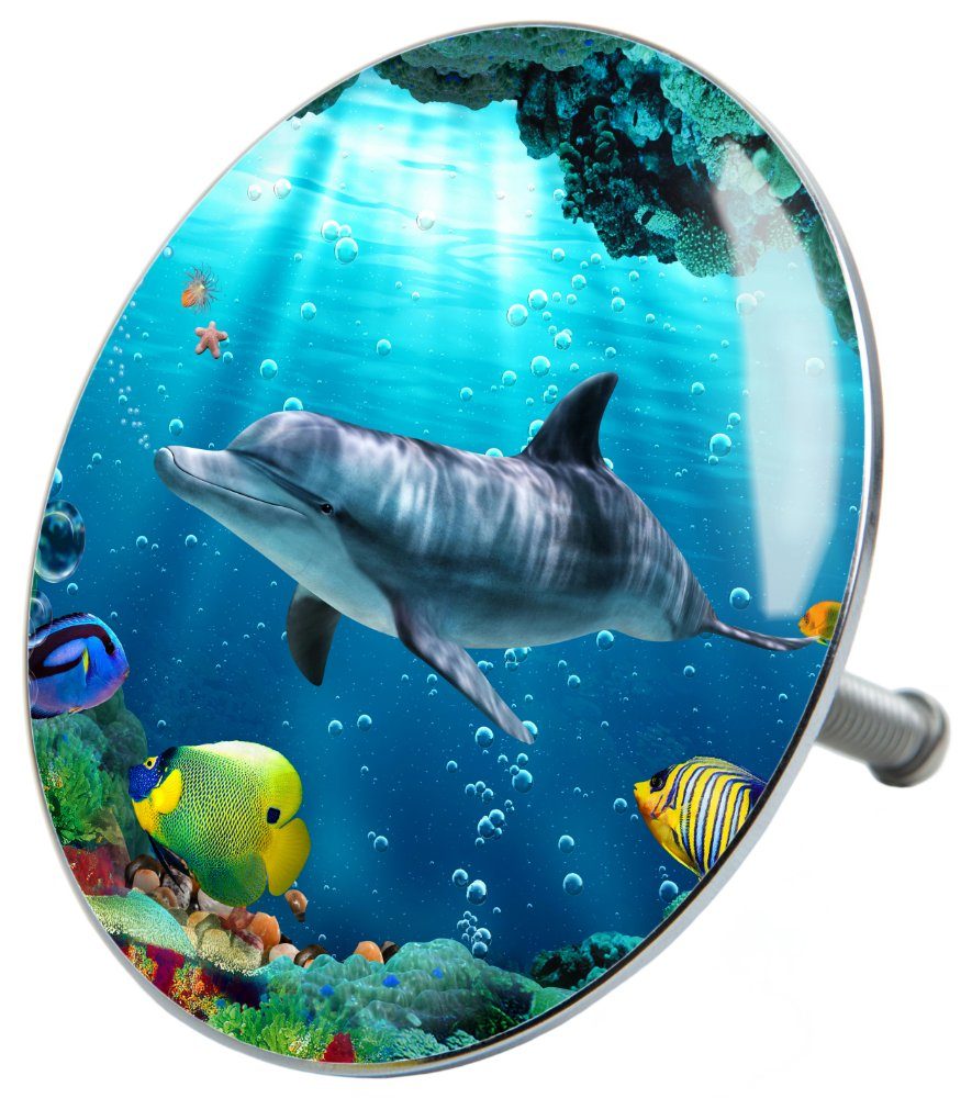 Sanilo Badewannenstöpsel Delphin Korallen, Ø 7.2 cm, hochwertig, universell, mit Motiv, 100% wasserdicht