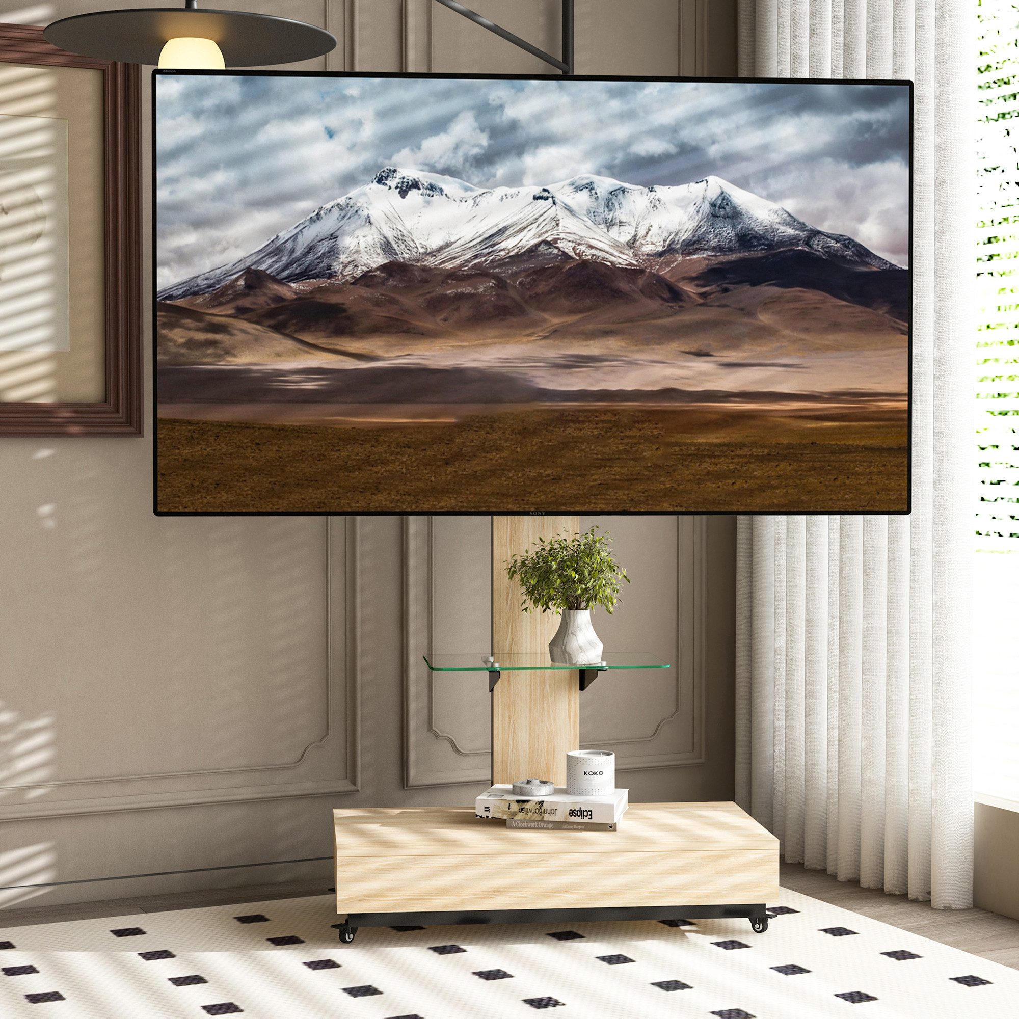 REDOM TV-Ständer TV-Schrank mit Schubladen und höhenverstellbarem mobilen TV-Wagen, (Für 32 bis 75 Zoll Fernseher, mit natürlicher Oberfläche, TV-Regal TV Board)