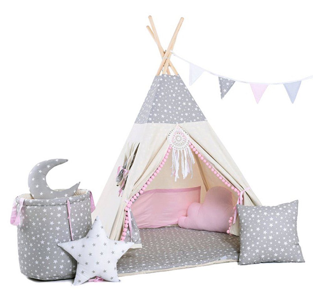 Rainbow Kids Tipi-Zelt Wolf Stern Rosa, Personen: 2 (mit Zubehör, 8 tlg., mit 4 Kissen, Matte, Spielzeugkorb und Wimpelkette)