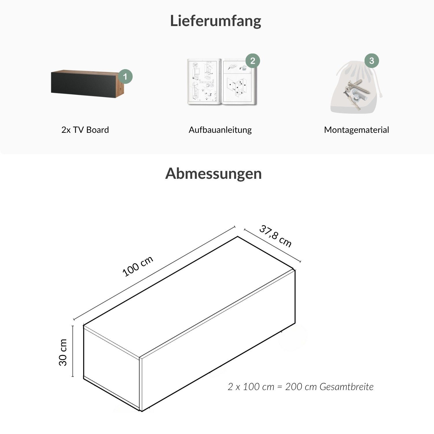 Planetmöbel TV-Schrank West TV-Board, Fernsehtisch 200 cm lang, TV-Lowboard (für Fernseher bis 55 Zoll, TV Schrank viel Stauraum, 2-St., sideboard hängend, Fern – Bild 5 von 5