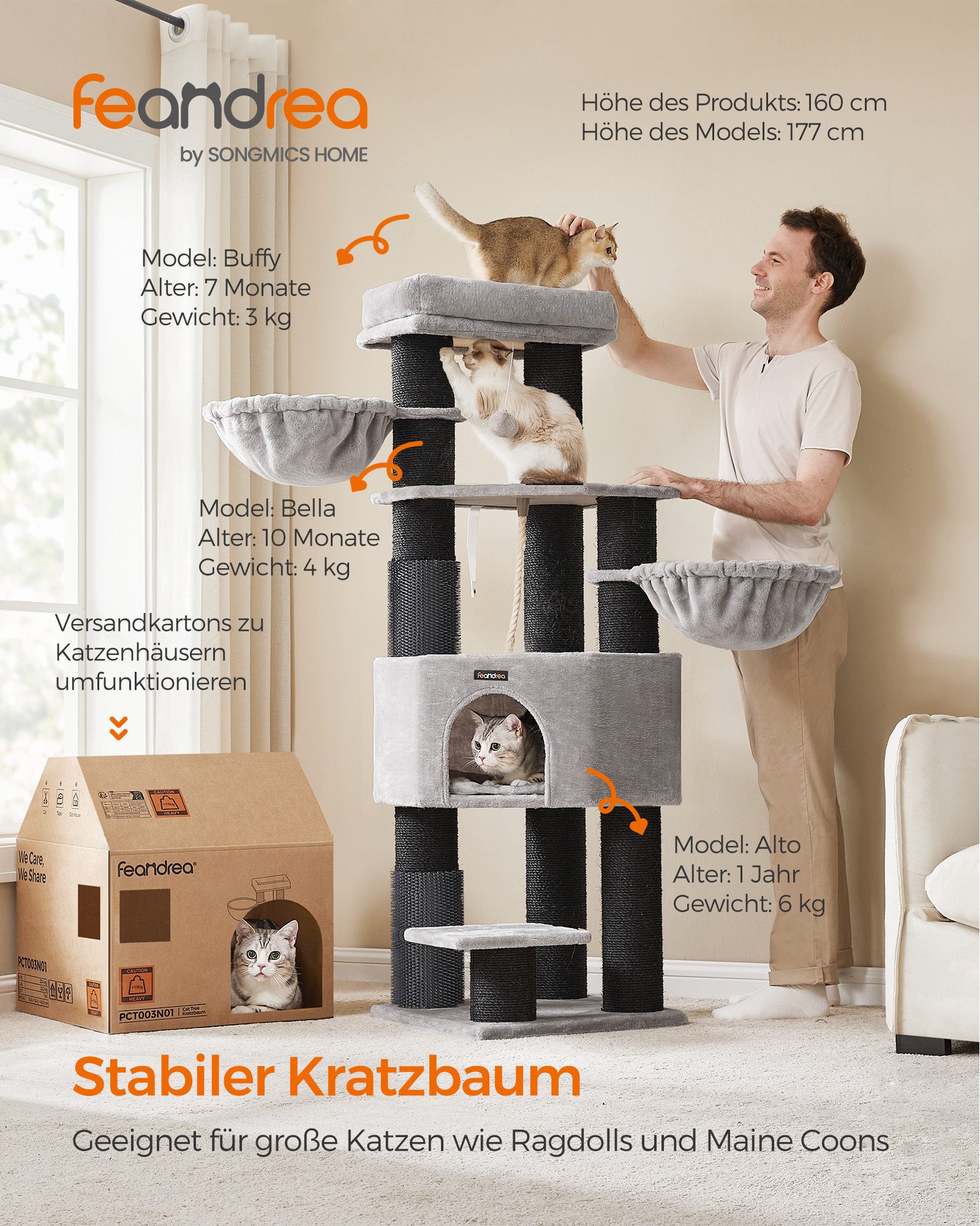 FEANDREA Kratzbaum 141 / 160/186 cm (H), Katzenbaum, für große katzen,11 cm dicken Säulen, stabil, Kippschutz