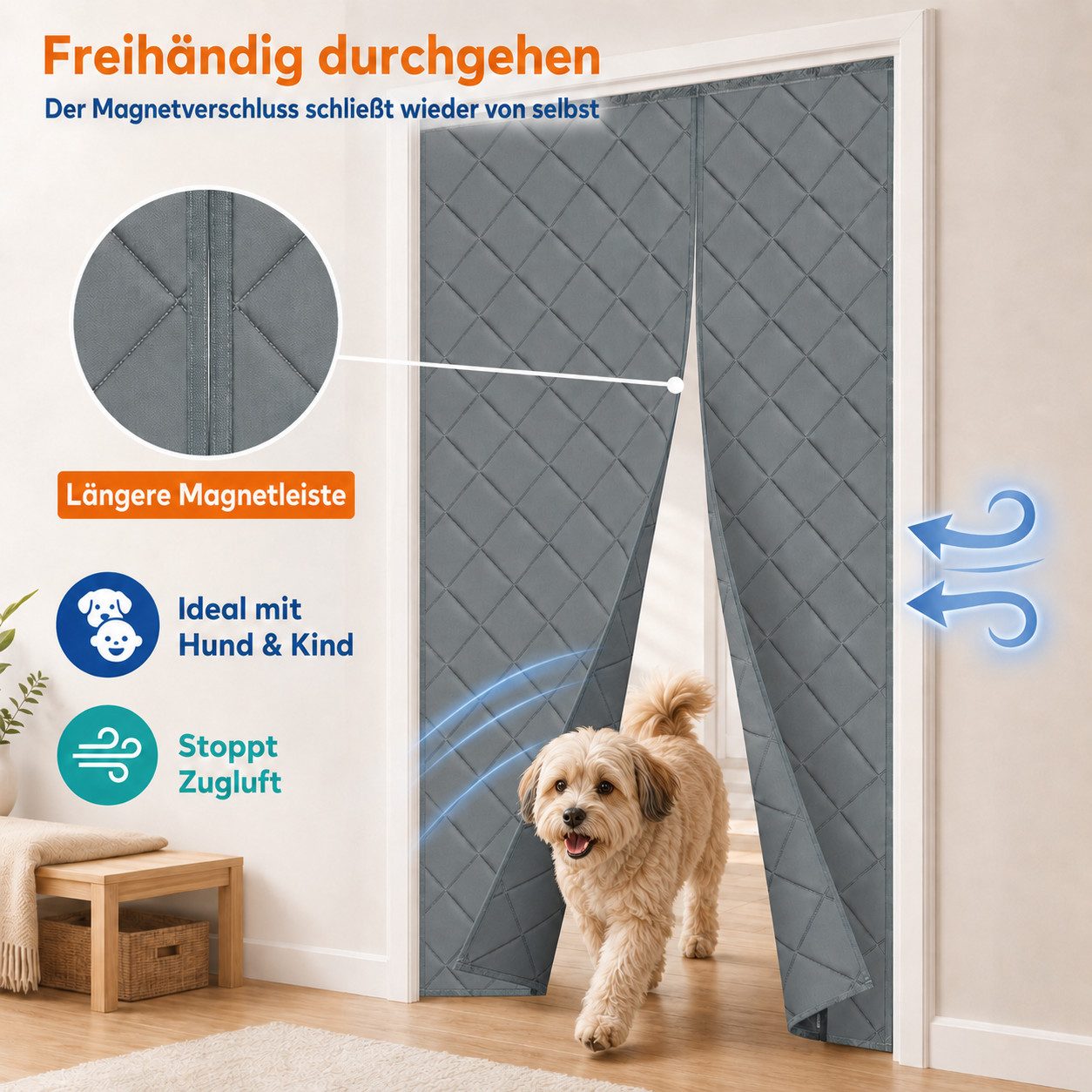 LMaxhome Türvorhang Thermovorhang ohne Bohren, Magnetisch, Kälteschutz, Hitzeschutz, Grau, 3-lagiges Oxford, Wärmeschutzvorhang, winddicht, für Haustür & Balkon – Bild 3 von 5