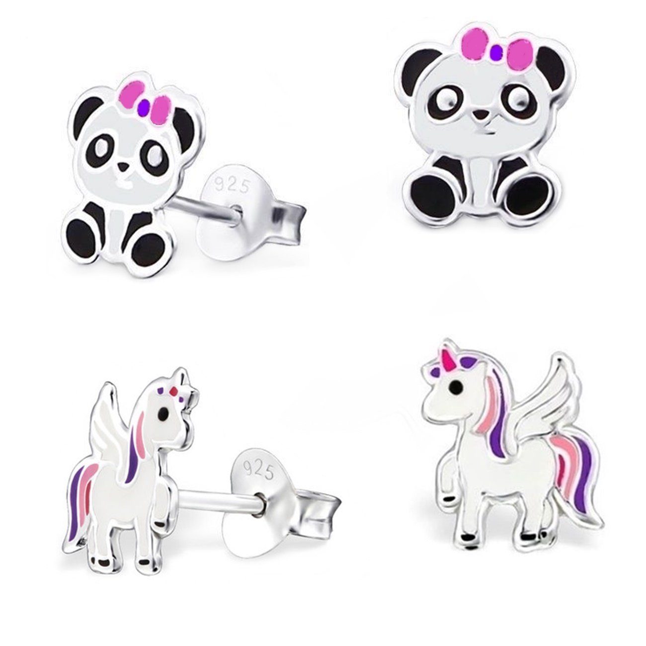 Goldene Hufeisen Ohrstecker-Set Panda Einhorn Pferd Mädchen Kinderohrringe (2 Paar Set, inkl. Etui), 925 Sterling-Silber, Hypoallergen, Kinderschmuck
