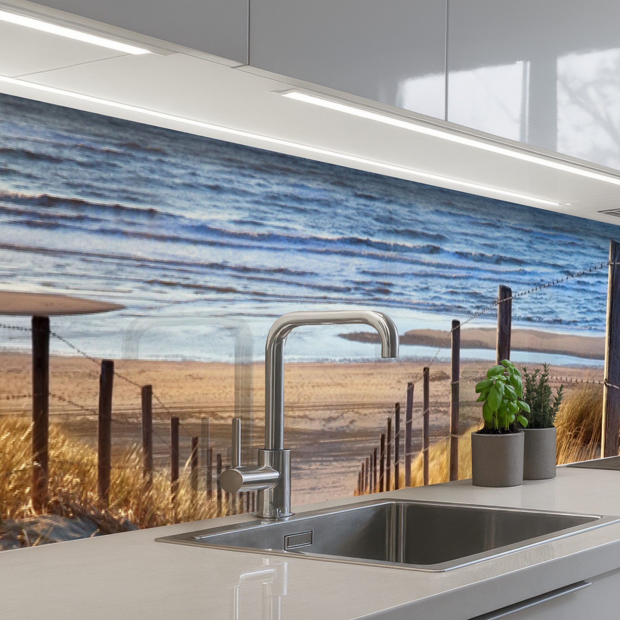 KitchenYeah Küchenrückwand selbstklebend Strand - Meer - Niederlande - Dünen - Sonne, (1-tlg), Küchenspritzschutz, Küche, Rückwand, Küchenwand, Wandschutz, 350x60 cm