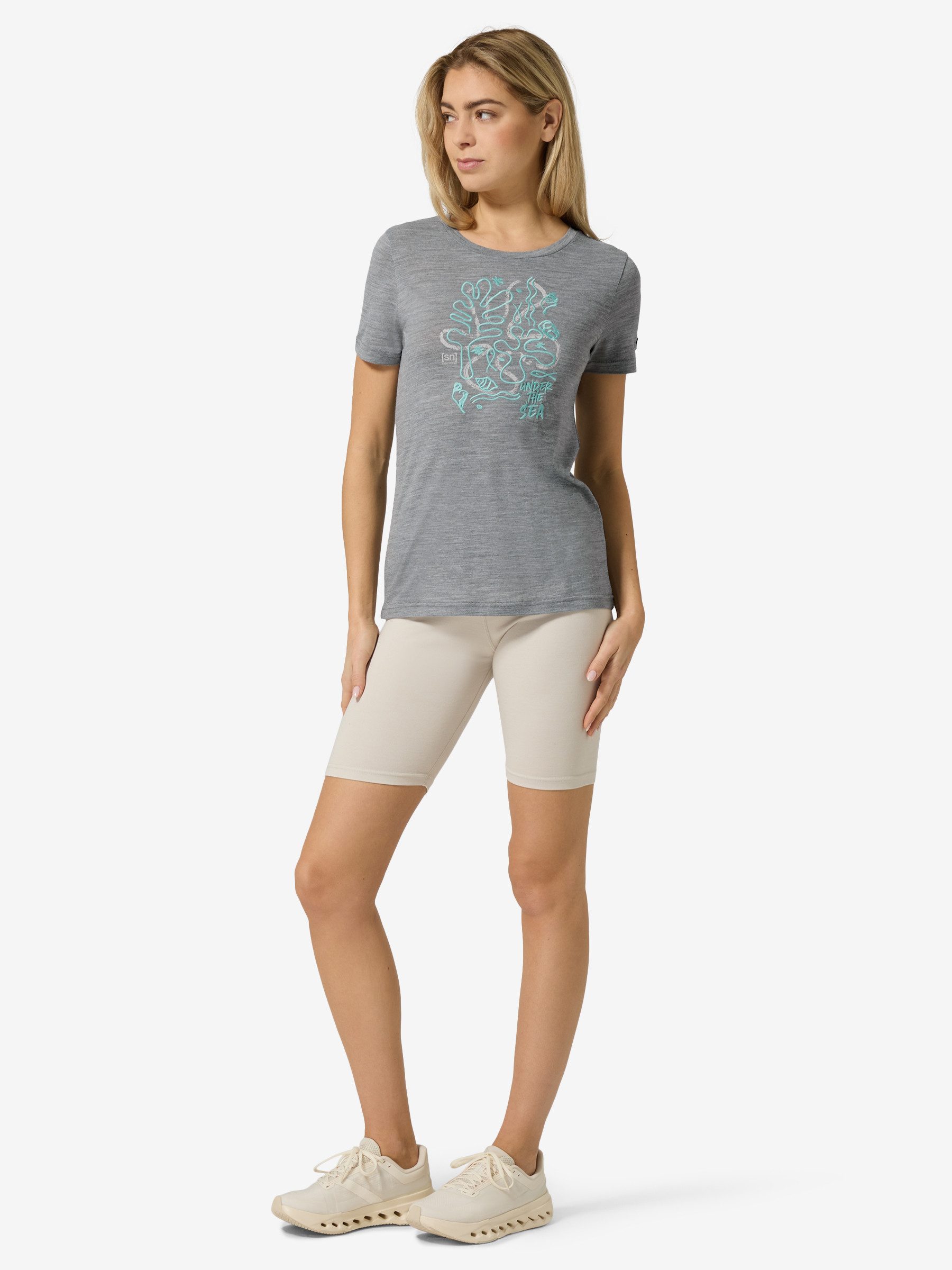 SUPER.NATURAL T-Shirt für Damen,Merino W UNDER THE SEA TEE mit Sommer-Motiv, atmungsaktiv
