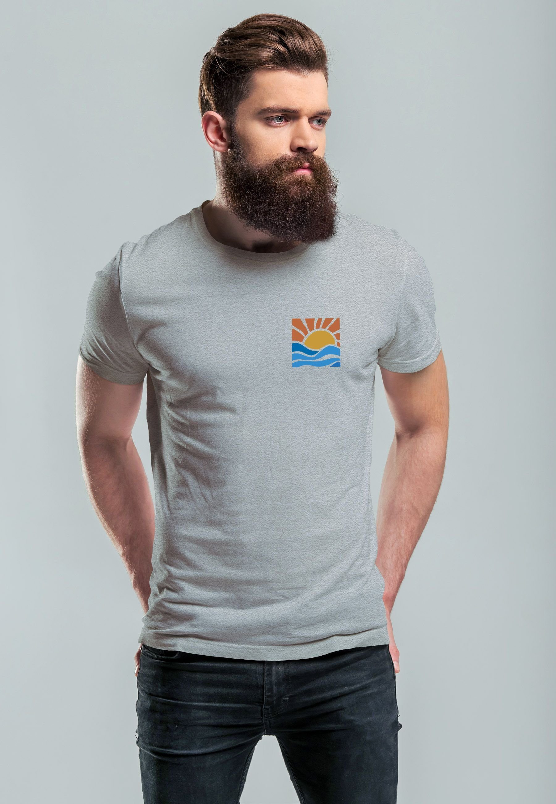 Neverless Print-Shirt Herren T-Shirt Logo Print Fashio grau Welle Sonne Sommer Beach mit Print Style Strand