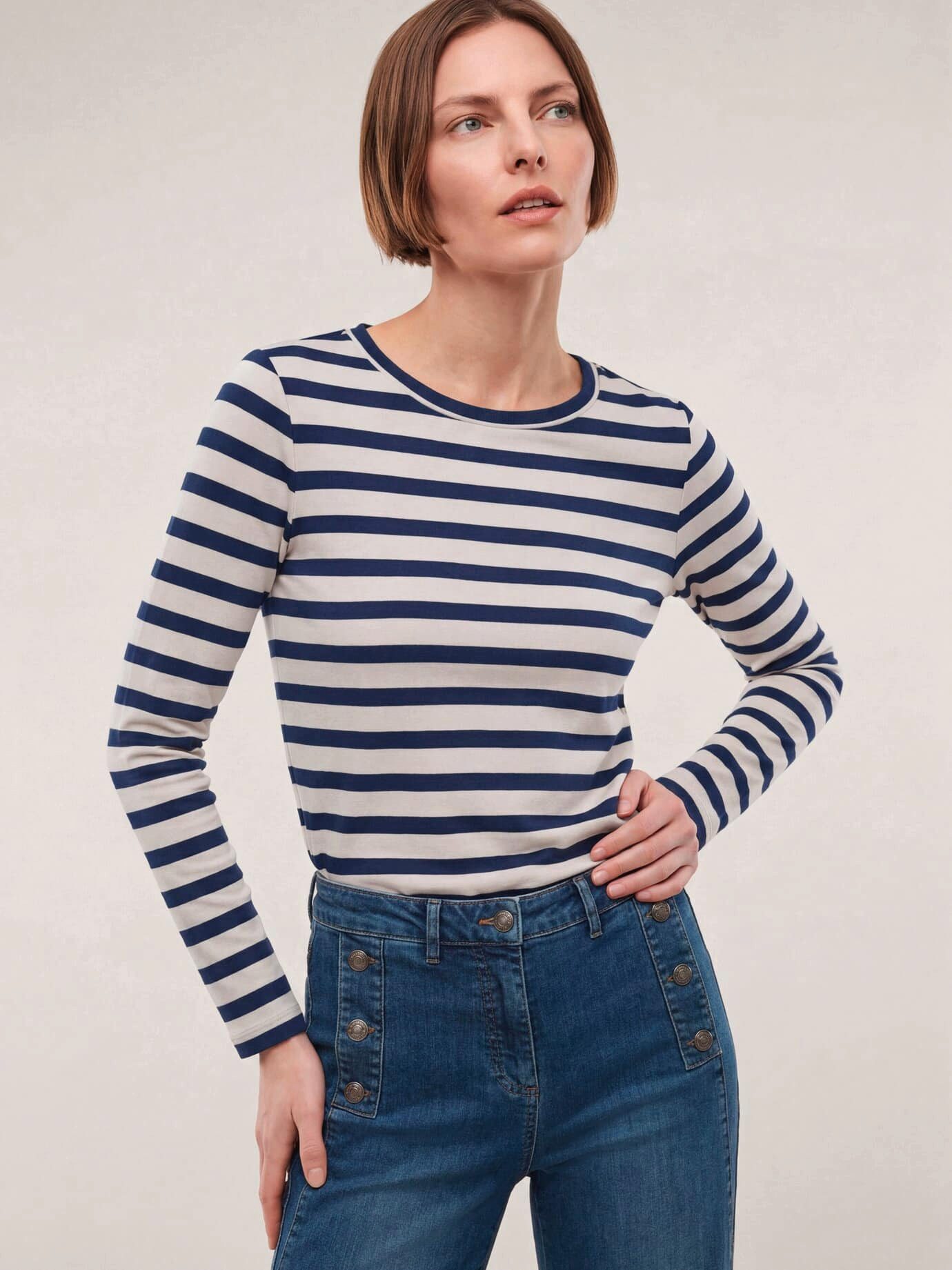 Walbusch Langarmshirt Damen Baumwollshirt mit Ringel Rundhals Langarm, Rundhals