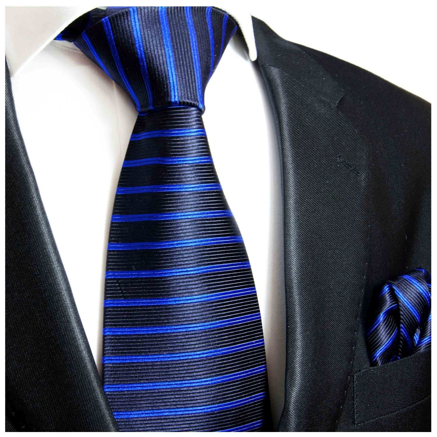 Paul Malone Krawatte Seidenkrawatte und Tuch Herren modern quergestreift 100% Seide (Set, 2-St., Krawatte mit Einstecktuch) Schmal (6cm), blau schwarz 765