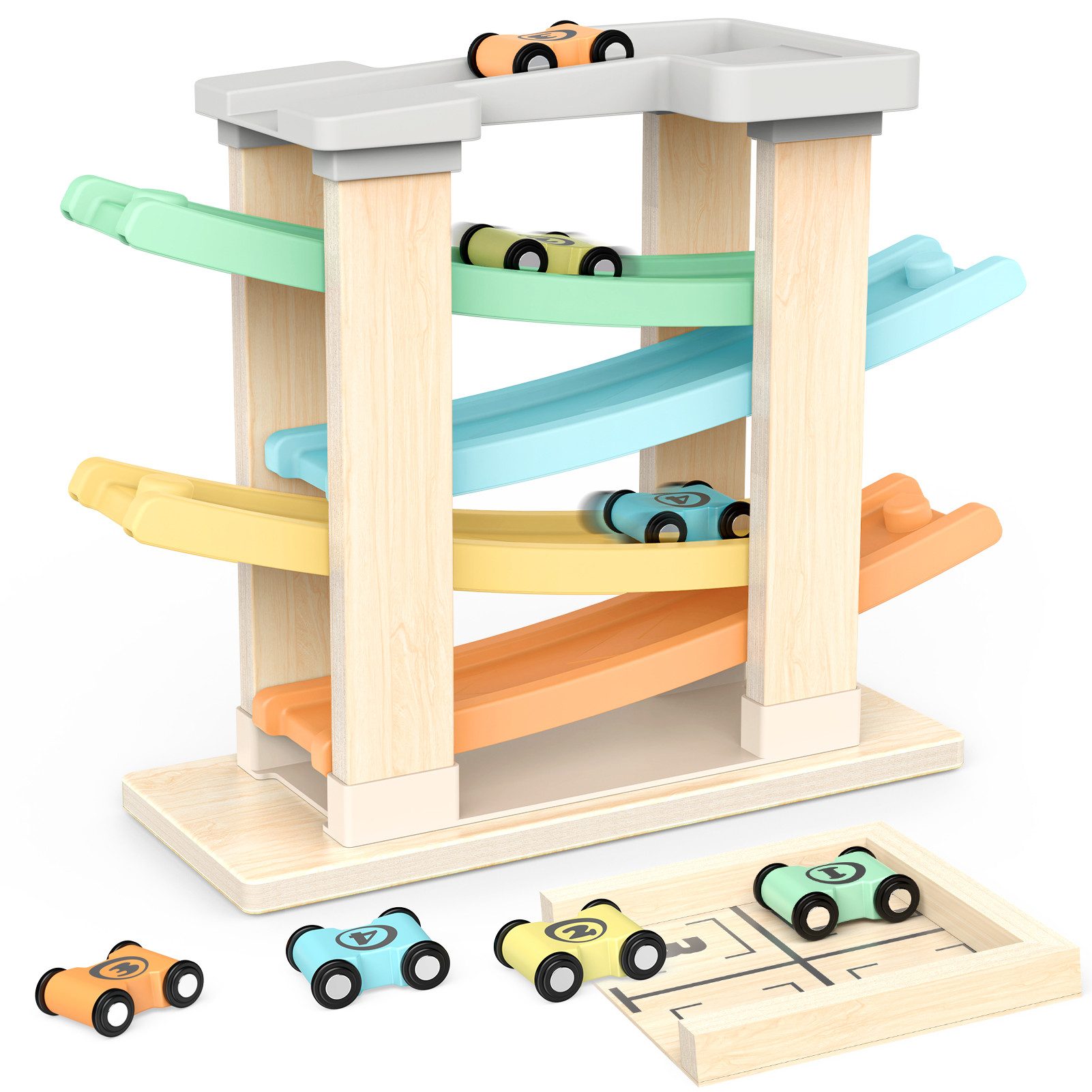 Wootoy Kugelbahn Holz Autorennbahn Lernspielzeug Montessori Spielzeug mit 4 Autos, (4 Rampen und praktischem Parkdeck, 4-tlg., Fahrzeuge mit Zahlen und Farben unterstützen), Holzspielzeug für Spielspaß im Innen- und Außenbereich