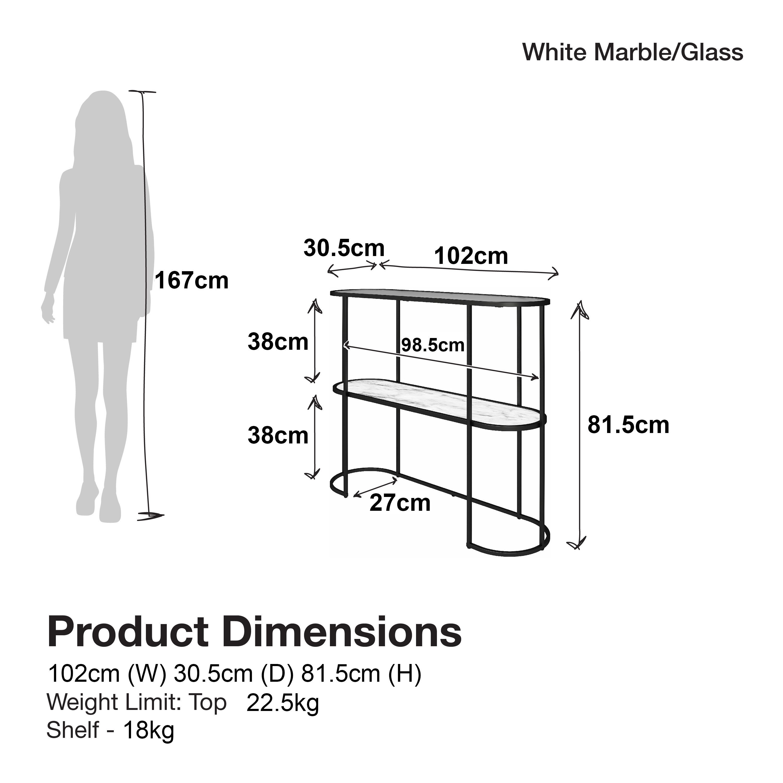 loft24 Konsolentisch Sun - Flurtisch Eingangstisch Beistelltisch Telefontisch Dielentisch, Tischplatte aus Glas, Marmoroptik, Metallgestell, Breite 102 cm