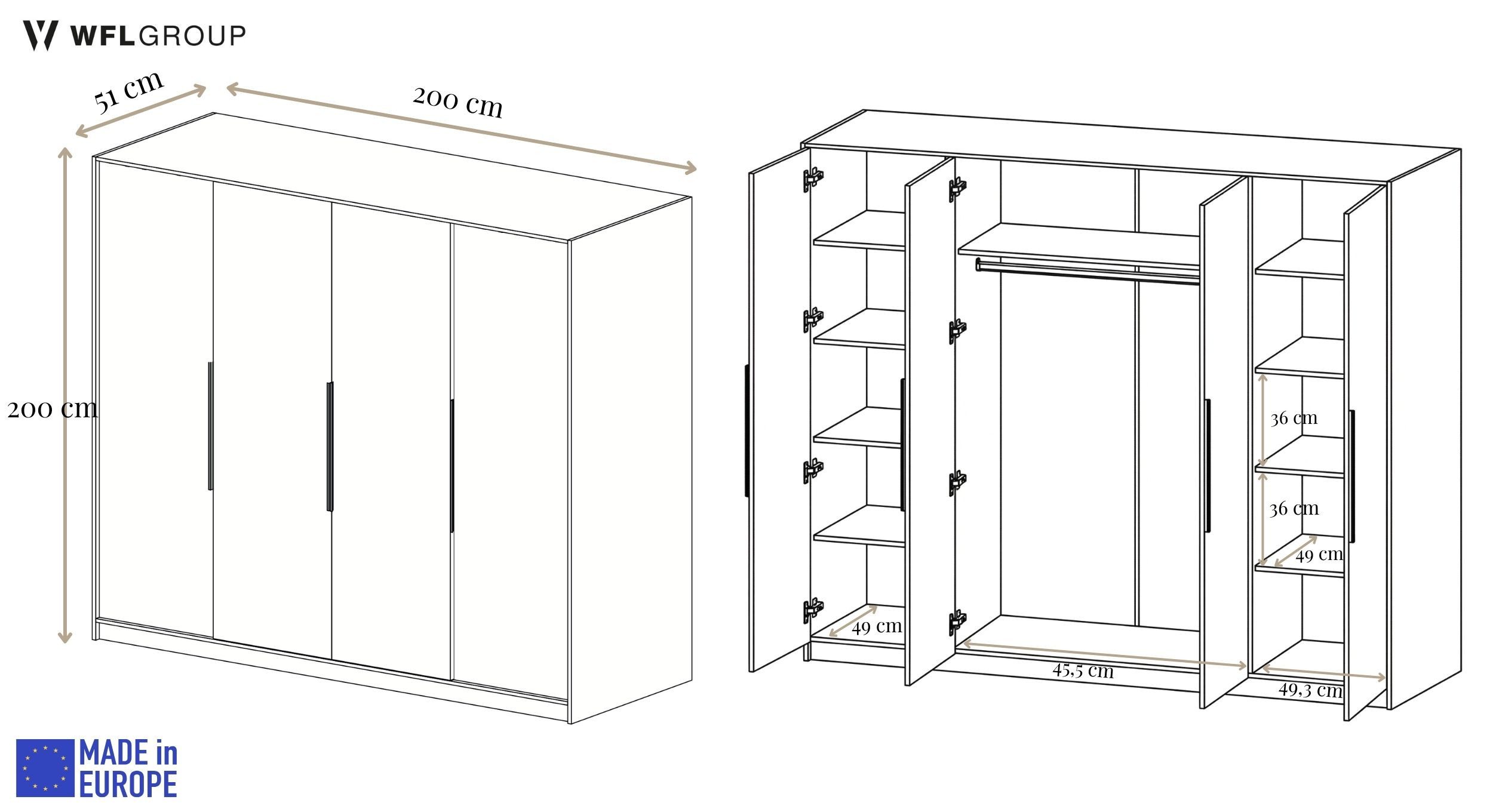 WFL GROUP Kleiderschrank Mono Bis Garderobenschrank für Schlafzimmer im Skandi-Stil (in 3 Größen: 100/150/200 cm Breite, 200 cm Höhe, 51 cm Tiefe) mit Schwarze/Goldene Metallgriffe, Drehtürenschrank mit viel Stauraum