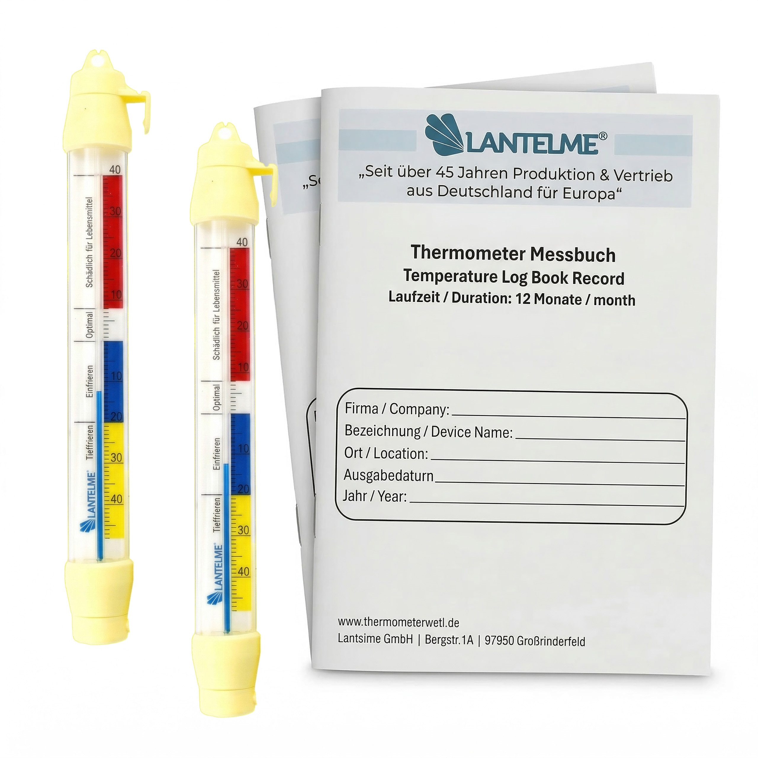 Lantelme Kühlschrankthermometer je 2 Stück Set mit Protokollheft 4-teilig Thermometer und Messbuch, Kühlschrank Gefrierschrank Kühltheke Temperaturen geeignet, Temperatur Messwerte 3 täglich über 12 Monate für Dokumentieren