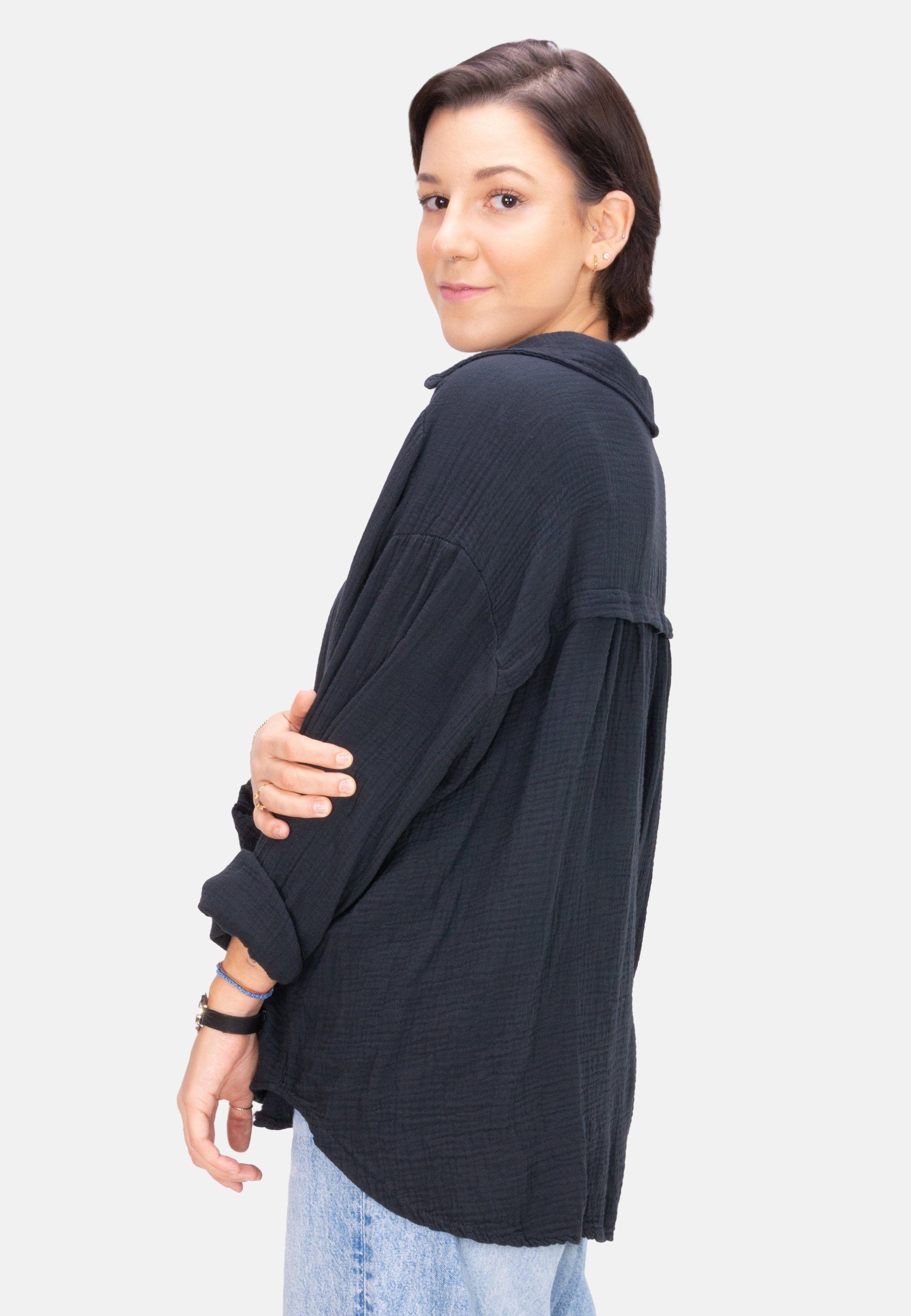 Seasons of April Hemdbluse Oversized Musselinbluse Sasha (1-tlg) Kurze Musselin Hemdbluse mit Knopfverschluss aus 100% Baumwolle