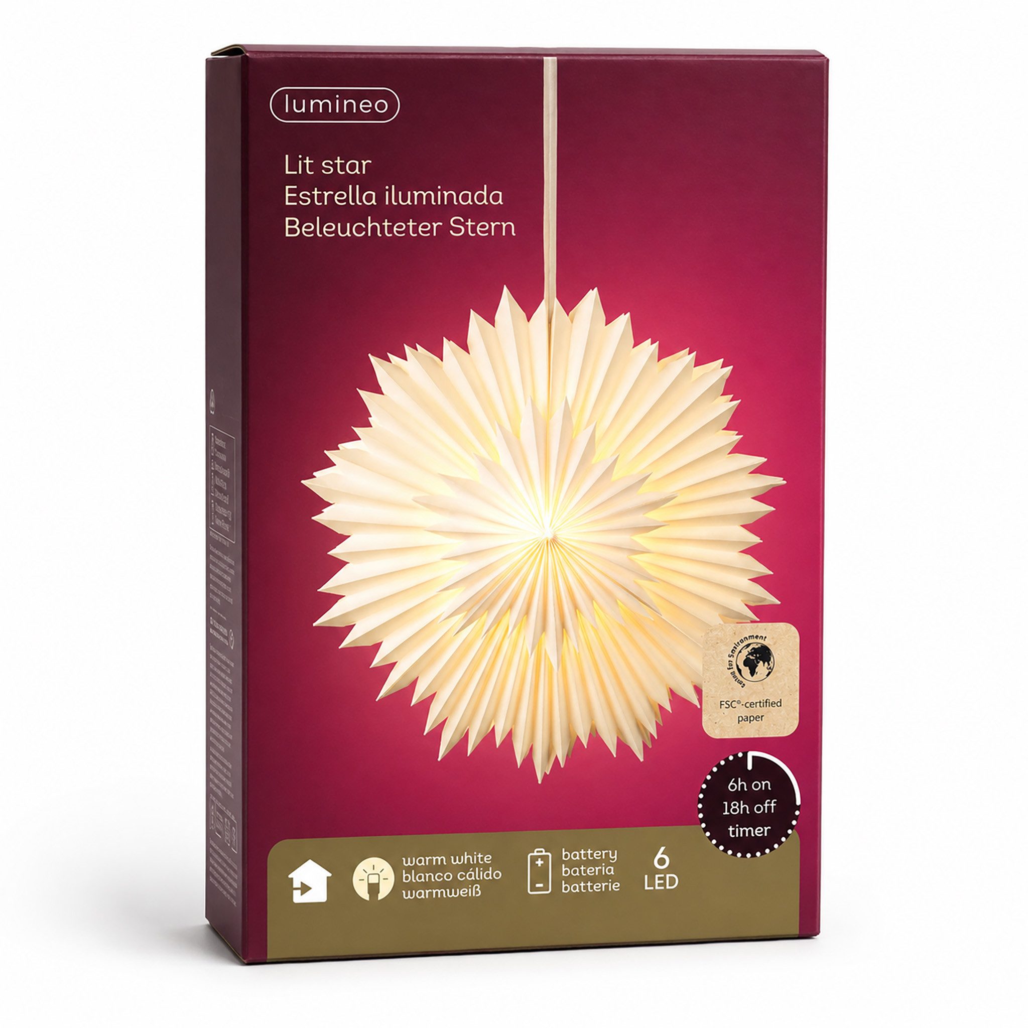 Lumineo Hängedekoration, LED Papierstern 40x12cm Weihnachtsdeko zum Aufhängen Weiß