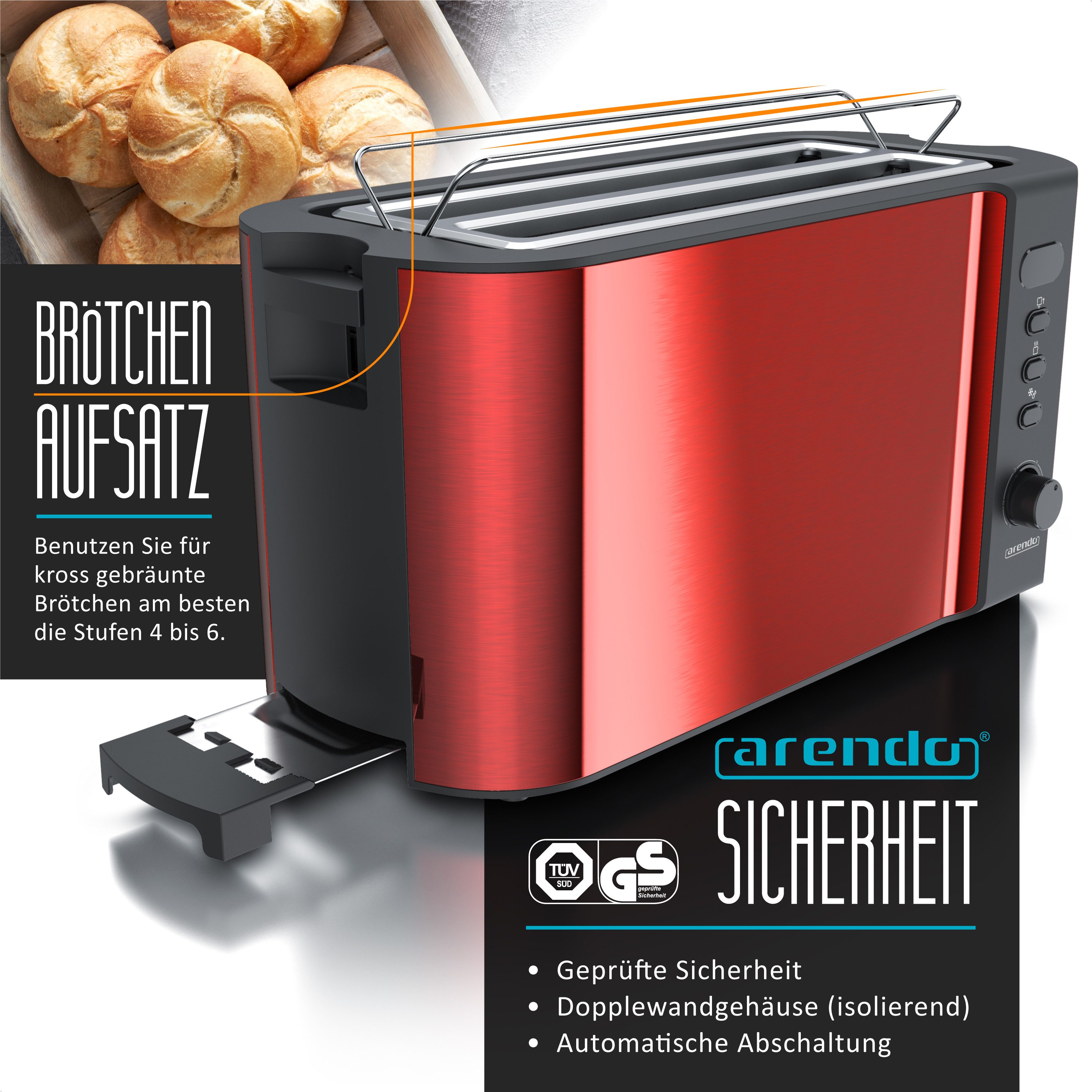 Arendo Toaster Langschlitz, Edelstahl, Display mit Restzeitanzeige, Krümelschublade, 2 lange Schlitze, für 4 Scheiben, 1500 W, Defrost Funktion, Wärmeisolierendes Gehäuse, mit Brötchenaufsatz