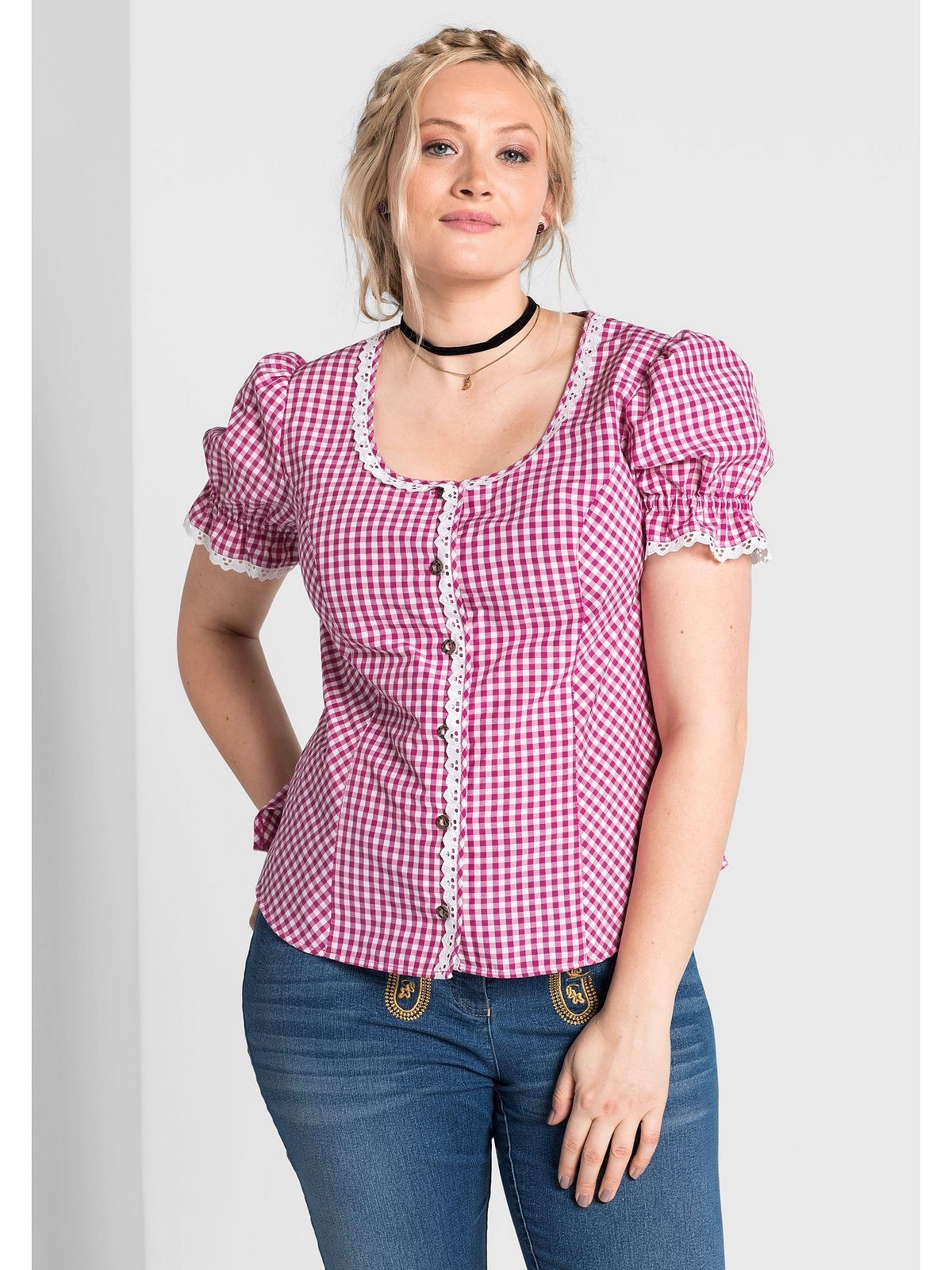 Dirndl Bluse Damen Mit V-Ausschnitt | Trachtenbluse Kurzarm Mit Spitze - Auch In Großen Größen