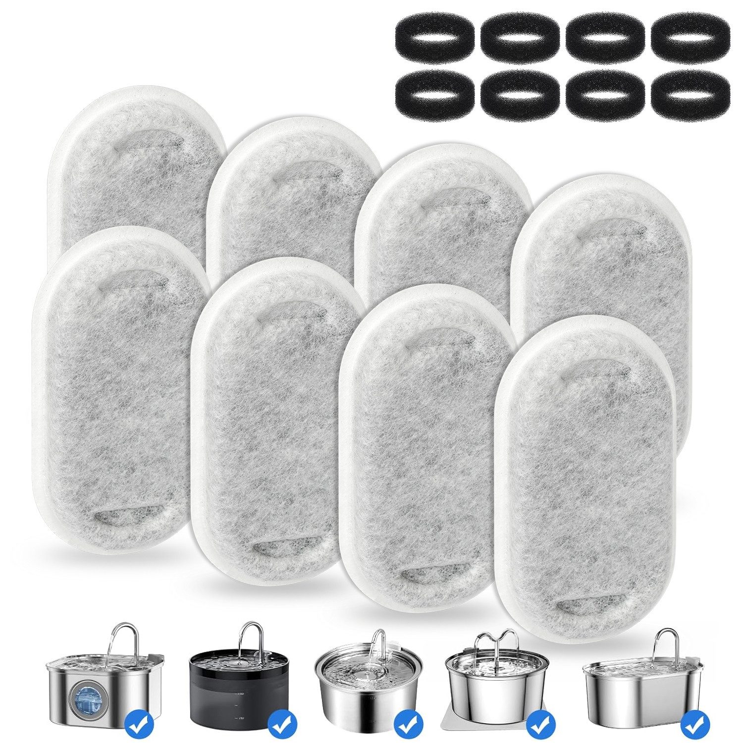 OSTWOLKE Ersatzfilter Katzenbrunnen Filter für 2L/3,2L Trinkbrunnen Katzen, 8 Stück Kohlefilter und 8 Stück Schaumfilter