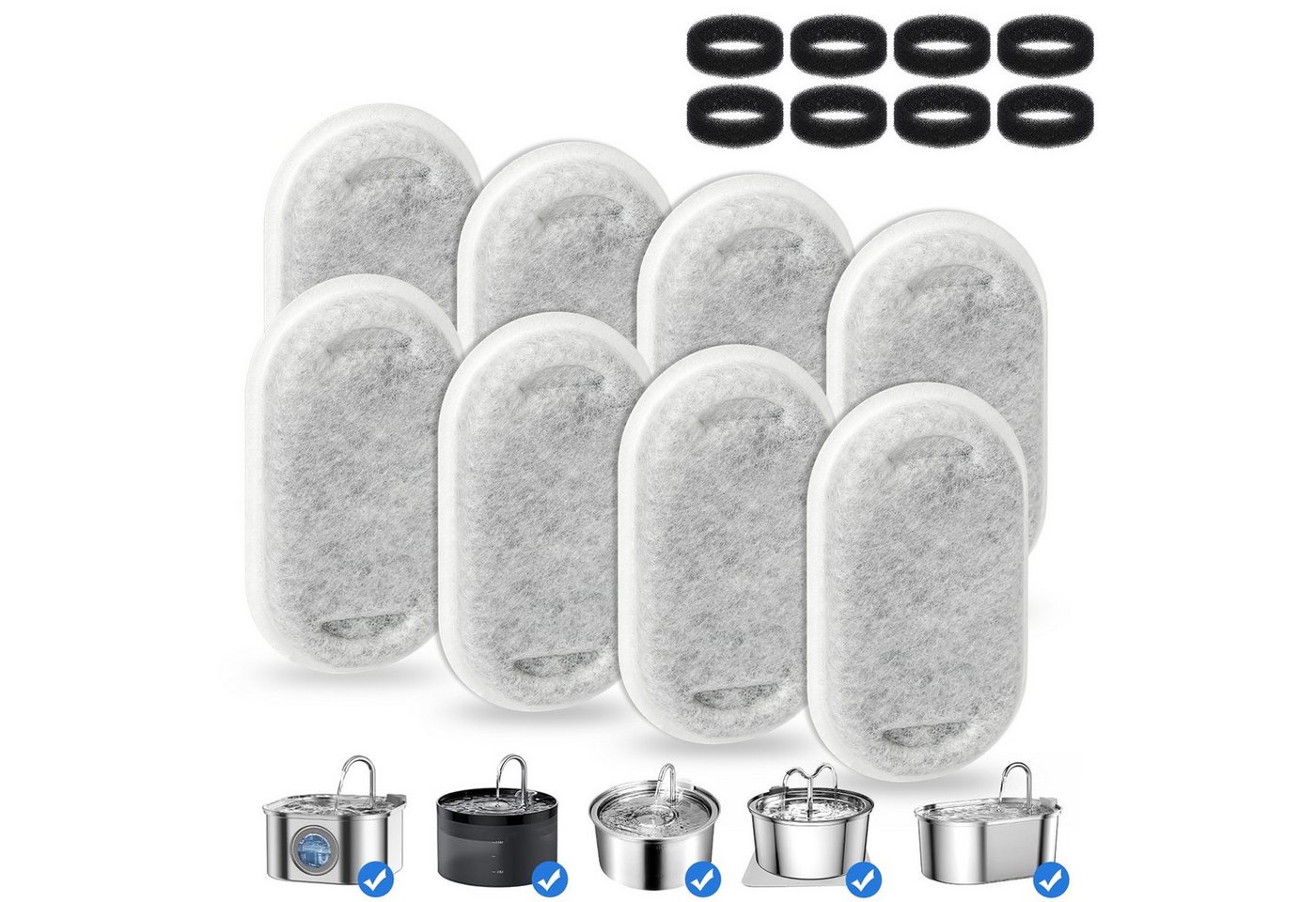 OSTWOLKE Ersatzfilter Katzenbrunnen Filter für 2L/3,2L Trinkbrunnen Katzen, 8 Stück Kohlefilter und 8 Stück Schaumfilter