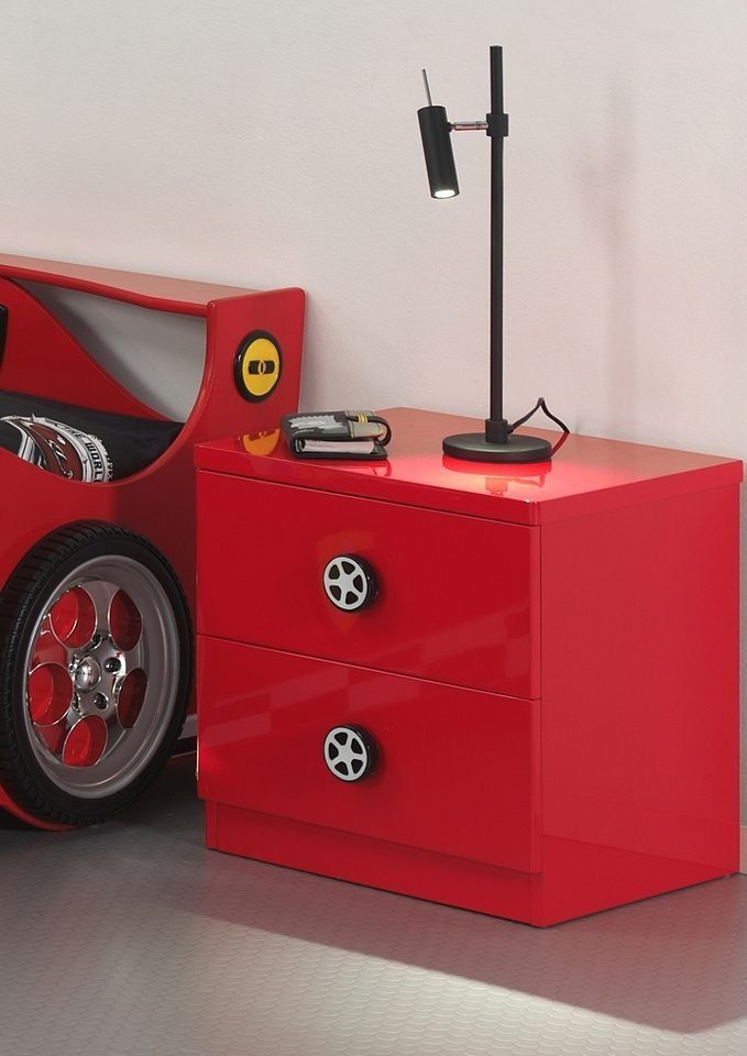 Vipack Nachtkommode Monza, MDF glänzend rot lackiert, 2 Schubladen (B/H/T ca. 47x40x47cm, Griff mit Felgen-Optik), rechts oder links anstellbar
