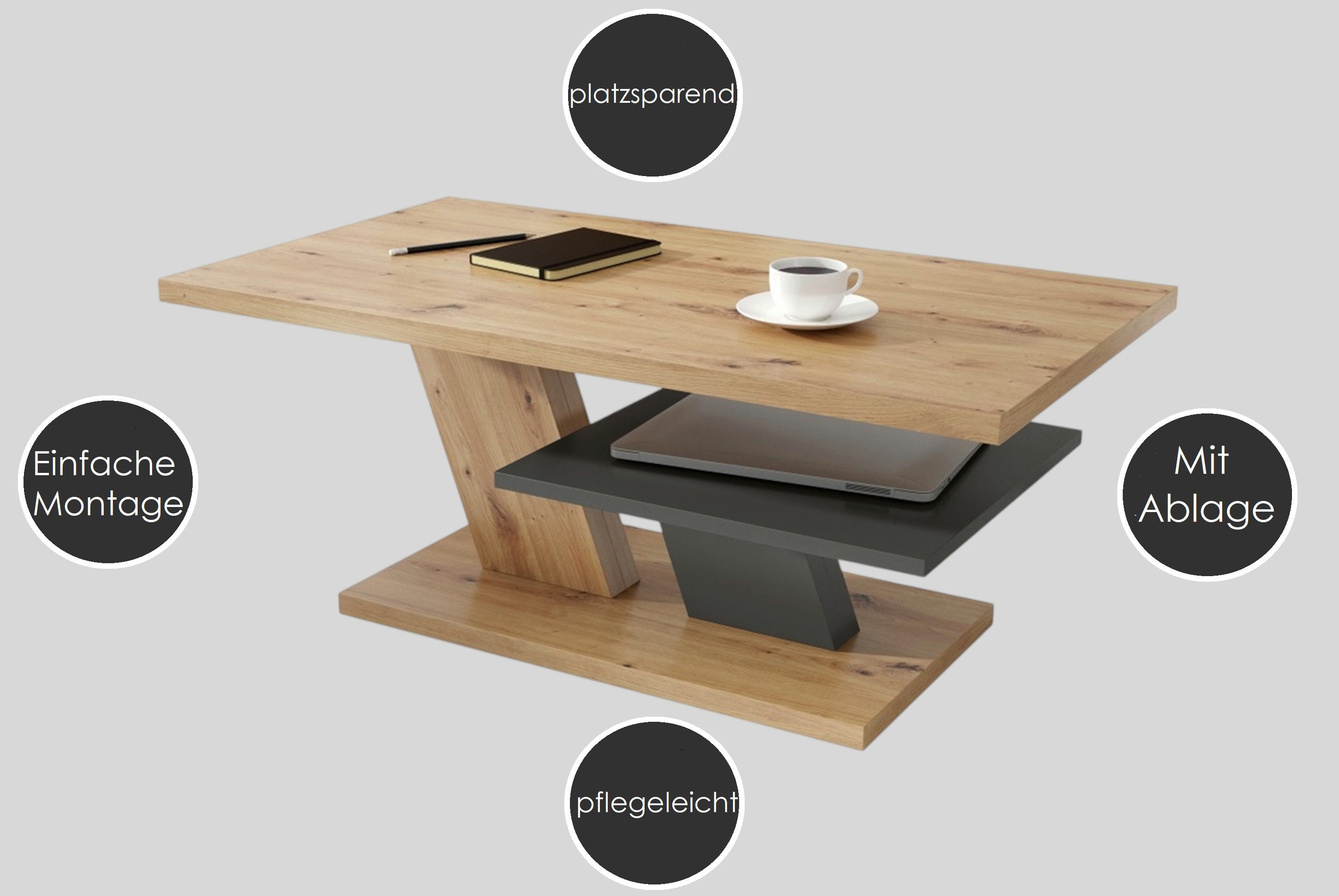 Mazzoni Couchtisch Cliff Weiß Hochglanz / Schwarz matt Wohnzimmertisch 110x60x45cm – Bild 5 von 5