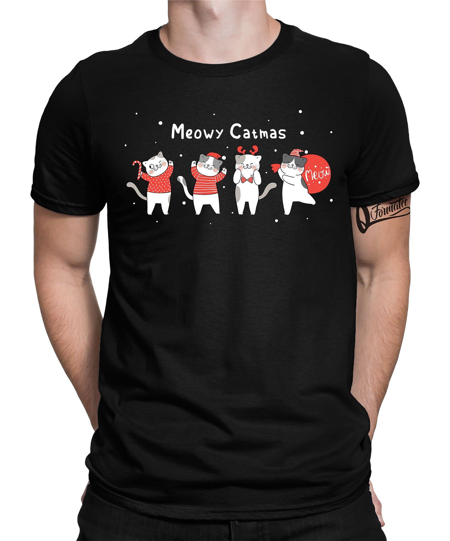 Quattro Formatee Kurzarmshirt Katze Meow - Weihnachten X-mas Christmas Herren T-Shirt (1-tlg) Schwarz