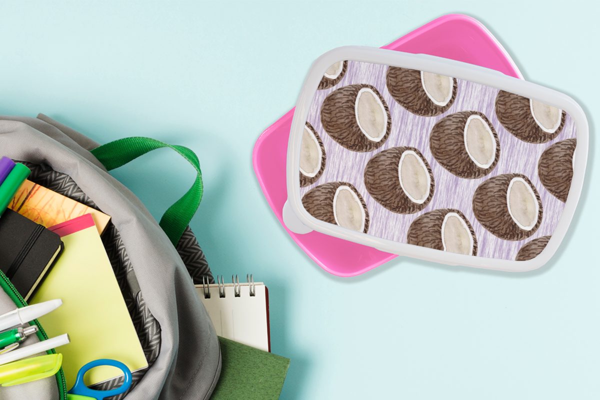 MuchoWow Lunchbox Mädchen, Kokosnuss - rosa - Muster, Kunststoff, Kinder, (2-tlg), Kunststoff Lila Erwachsene, Snackbox, Brotbox für Brotdose