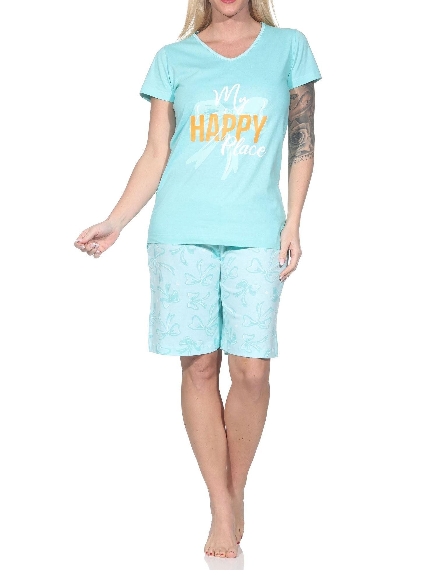Pyjama Normann Damen Schlafanzug Shorty in edler Optik + Schleifen als Motiv
