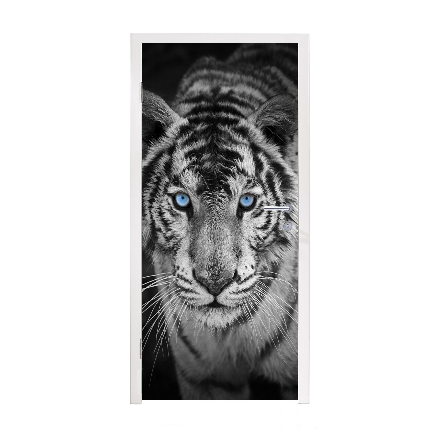 MuchoWow Türtapete Tiere - Tiger - Schwarz und weiß - Augen - Blau, Matt, bedruckt, (1 St), Fototapete für Tür, Türaufkleber, 75x205 cm