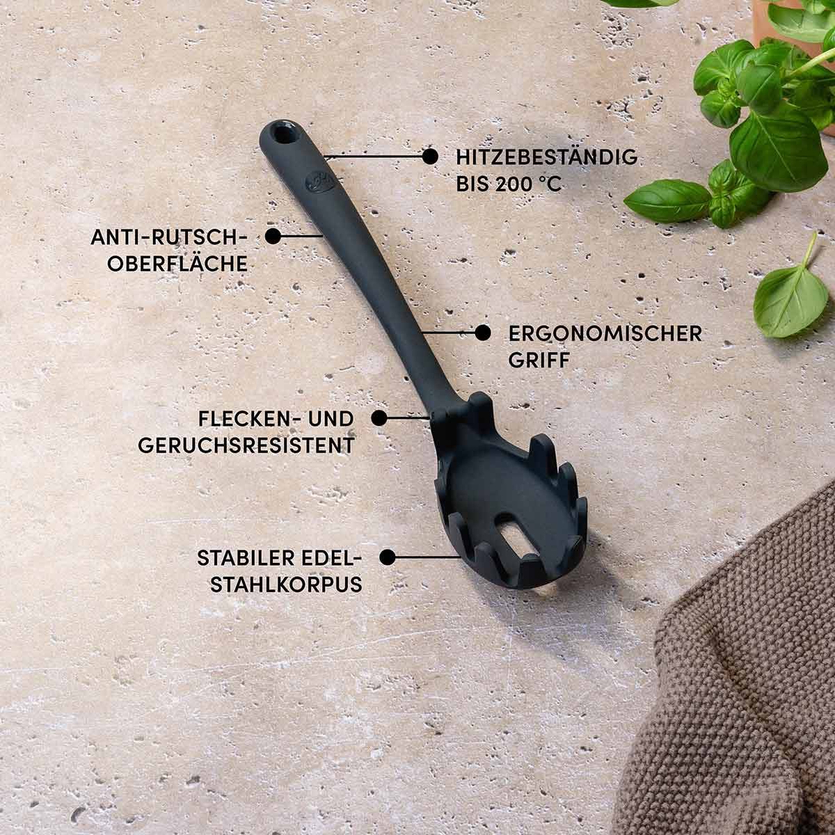 Hoffmann Germany Nudellöffel Pastalöffel Silikon Edelstahl 29,5 cm anthrazit, Portionshilfe 110g, Topfhaken, kratzerfrei, spülmaschinengeeignet – Bild 5 von 5