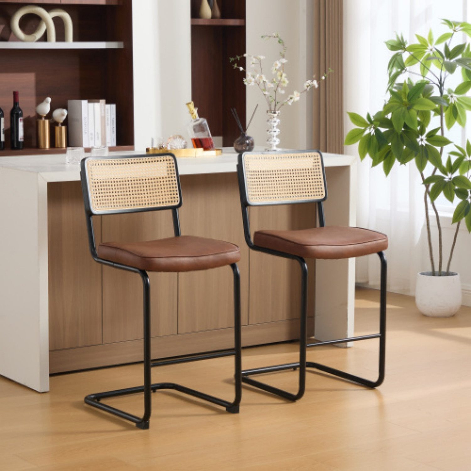 ANYSUN Barhocker 2er-Set mit Rattan-Rückenlehne & Fußstütze, für Kücheninsel & Bar (2-teiliges Set), 47 × 53,5 × 98 cm, ohne Armlehnen, bis 120 kg belastbar
