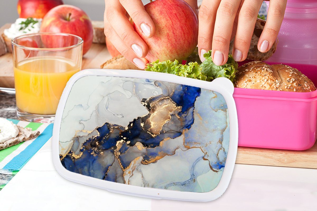 Erwachsene, Brotdose MuchoWow Brotbox rosa - (2-tlg), Gold, Snackbox, für Kunststoff Blau Kinder, - Marmor Mädchen, Lunchbox Kunststoff,