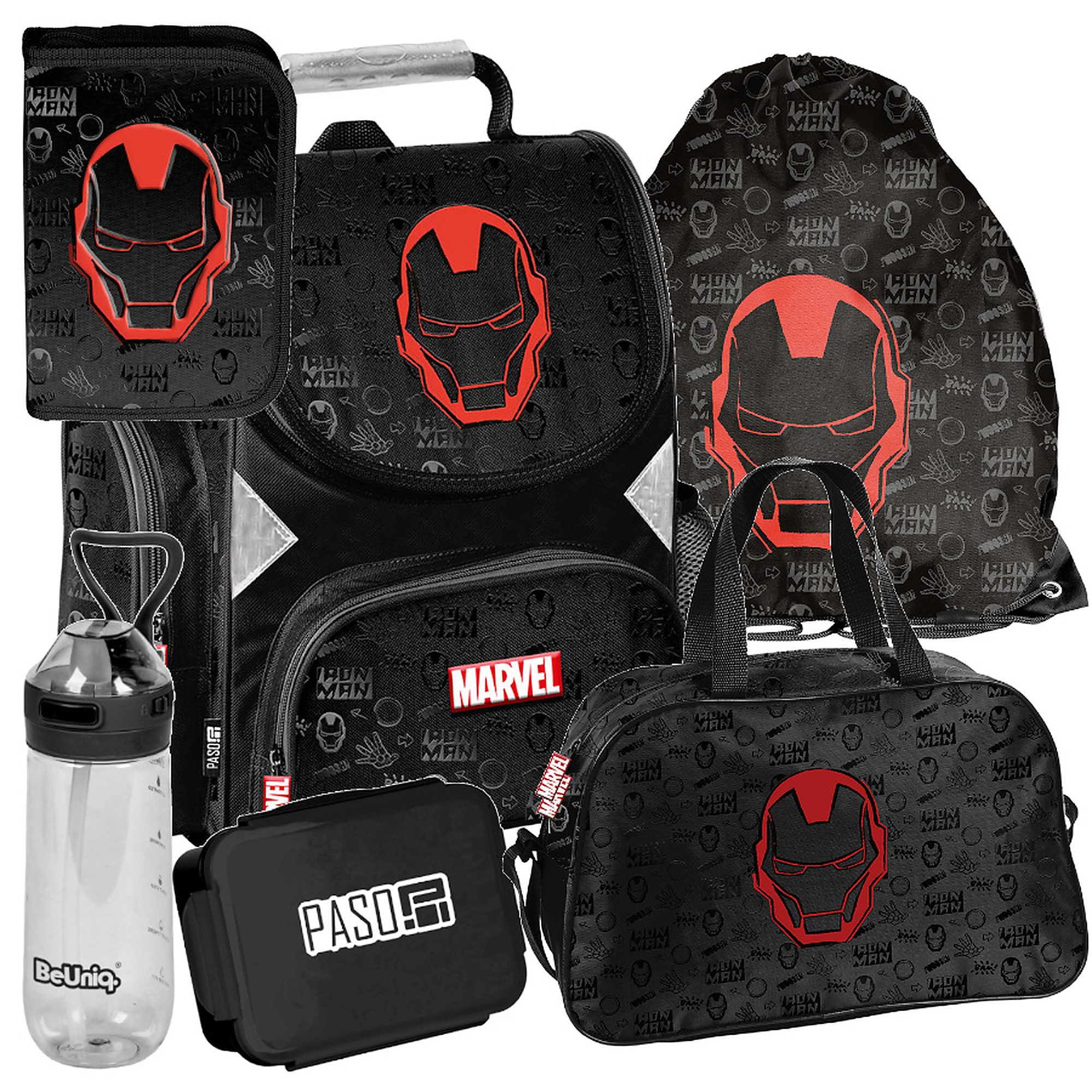 PASO Schulrucksack Mega-Set Marvel Iron Man Schulset 6-tlg (Rucksack + Turnbeutel + Federmäppchen + Lunchbox + Trinkflasche + Sporttasche, 6-tlg)