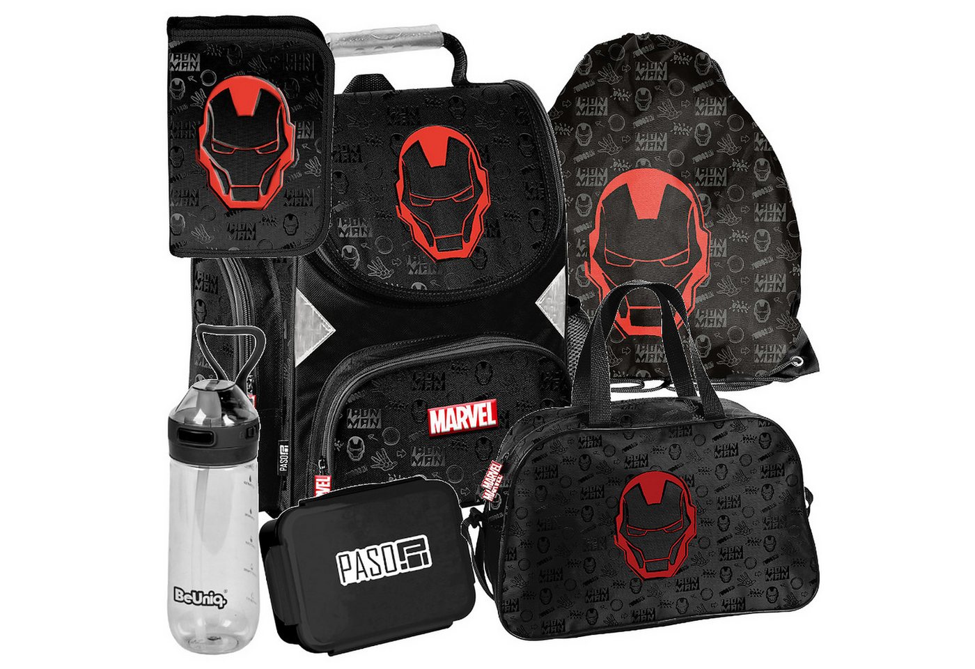 PASO Schulrucksack Mega-Set Marvel Iron Man Schulset 6-tlg (Rucksack + Turnbeutel + Federmäppchen + Lunchbox + Trinkflasche + Sporttasche, 6-tlg)