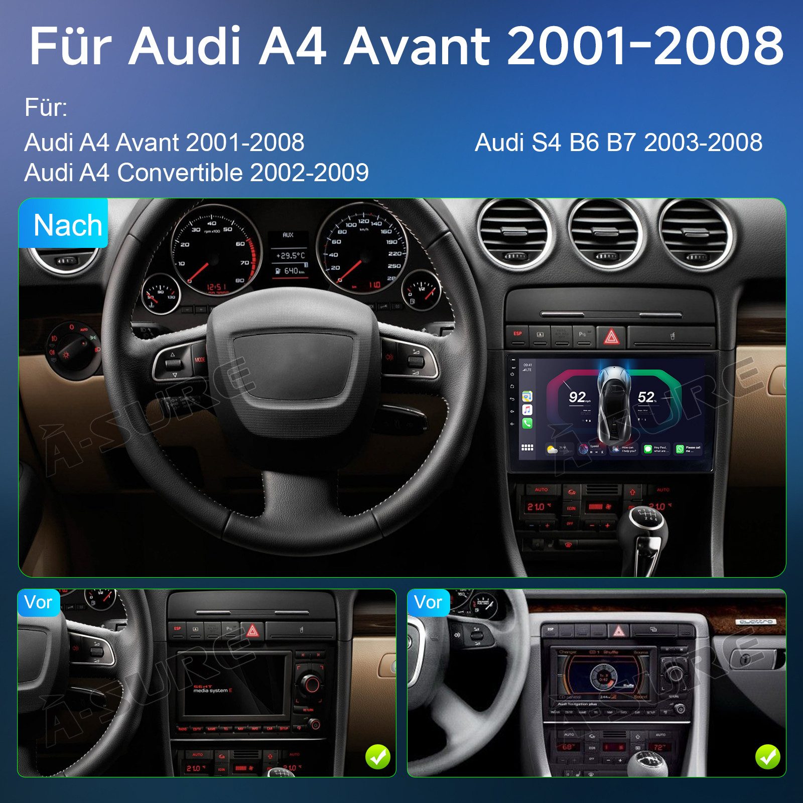 A-Sure Autoradio Android 15 Carplay Für Audi A4 S4 RS4 B6 B7 SEAT EXEO Autoradio (DSP, RDS, 4 Core, Digitalradio (DAB), 8 Core, 1280*720)