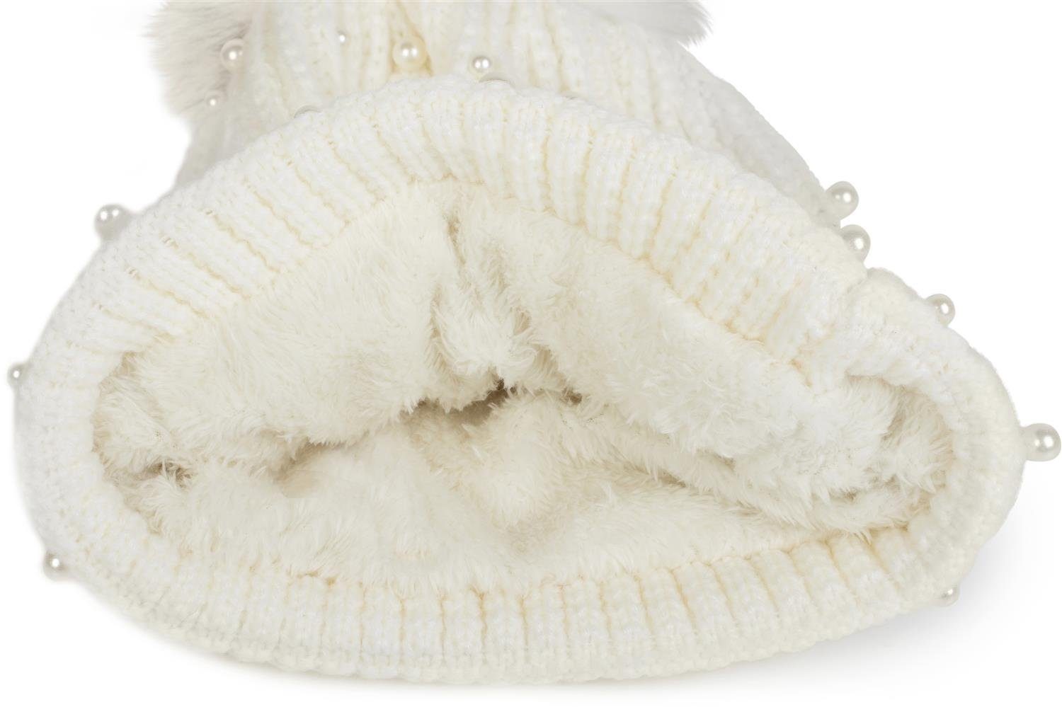 styleBREAKER Bommelmütze Strick Bommelmütze mit Perlen und Fleece Futter (1 günstig online kaufen