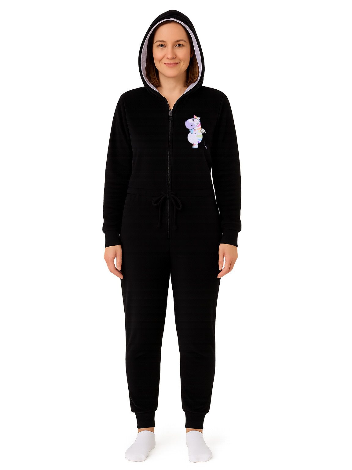 United Labels® Jumpsuit Pummel & Friends Jumpsuit für Damen Pummeleinhorn mit Kapuze Schwarz