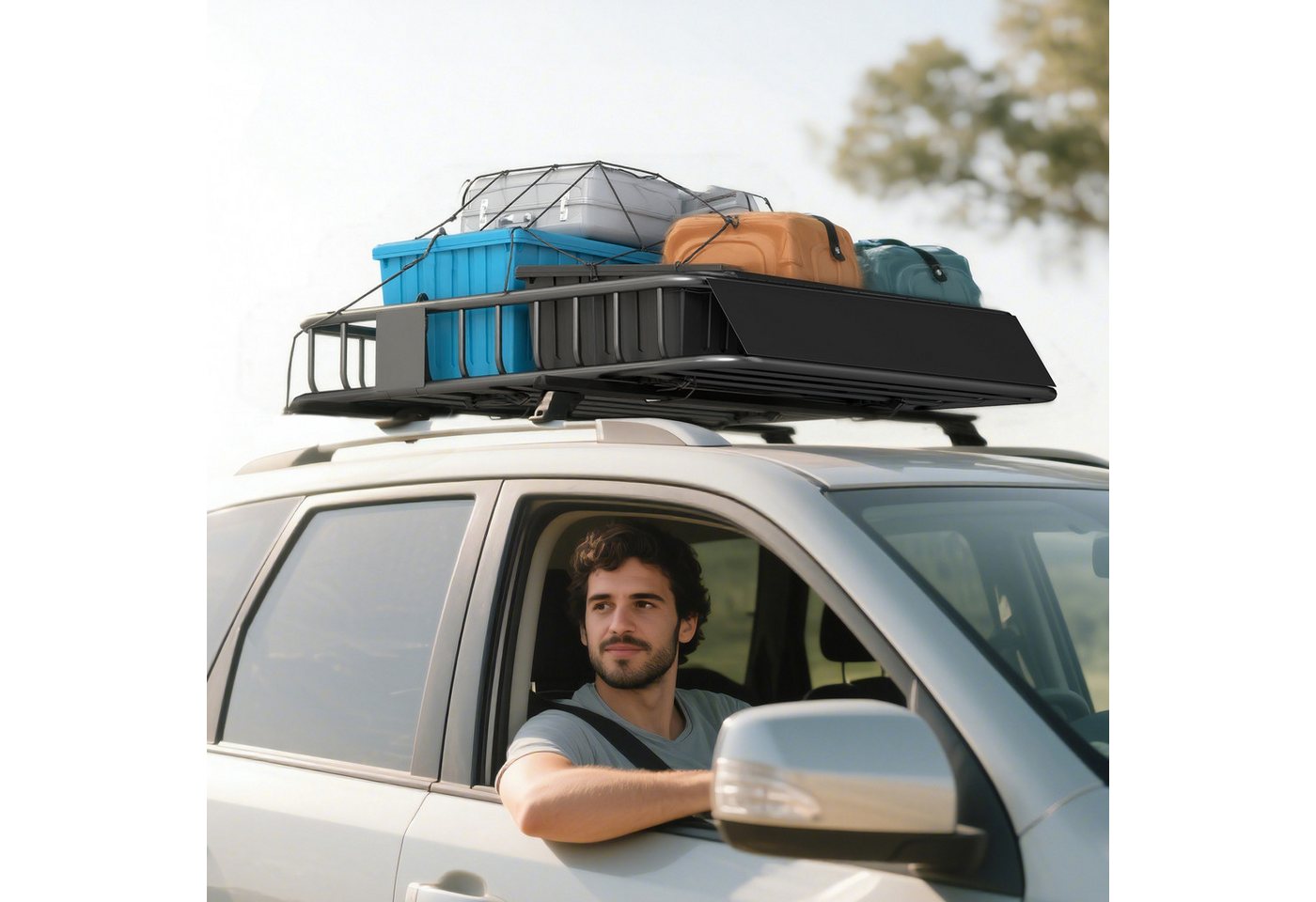 HOMCOM Dachträger Universal Dachkorb mit Windschutz, 90,7 kg belastbar, Gepäckkorb (Dachgepäckträger, 1-St., Universal Dachkor), für SUV Trucks, 110,5 x 99,5 x 18,5cm, Schwarz