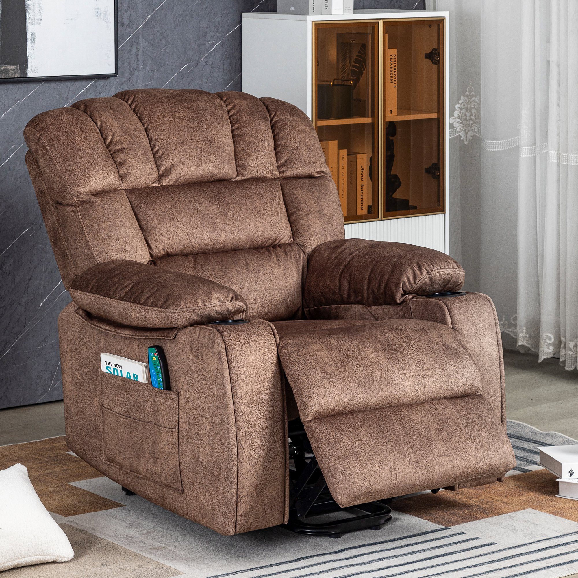 Merax TV-Sessel mit Vibration und Wärme, Seitentaschen und Timer, Fernsehsessel, Massagesessel elektrisch mit Aufstehhilfe, Relaxsessel Braun