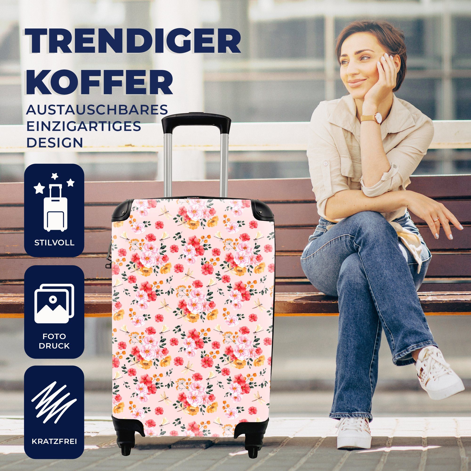 Handgepäckkoffer für Reisekoffer - Handgepäck 4 Rollen, Trolley, Farben Ferien, Collage, rollen, Reisetasche Blumen MuchoWow - mit