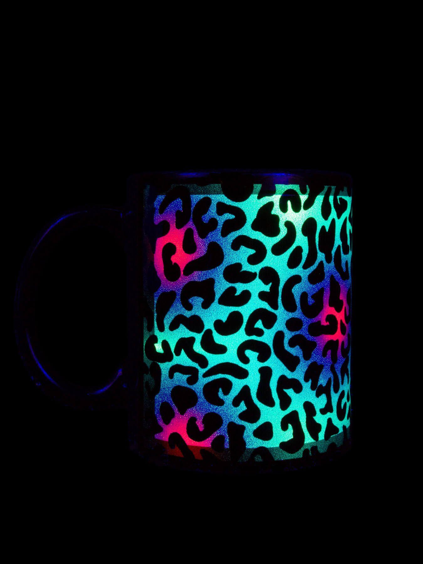 unter Motiv Tasse Cup PSYWORK Fluo UV-aktiv, "Animal leuchtet Leopard", Tasse Keramik, Schwarzlicht Neon Print