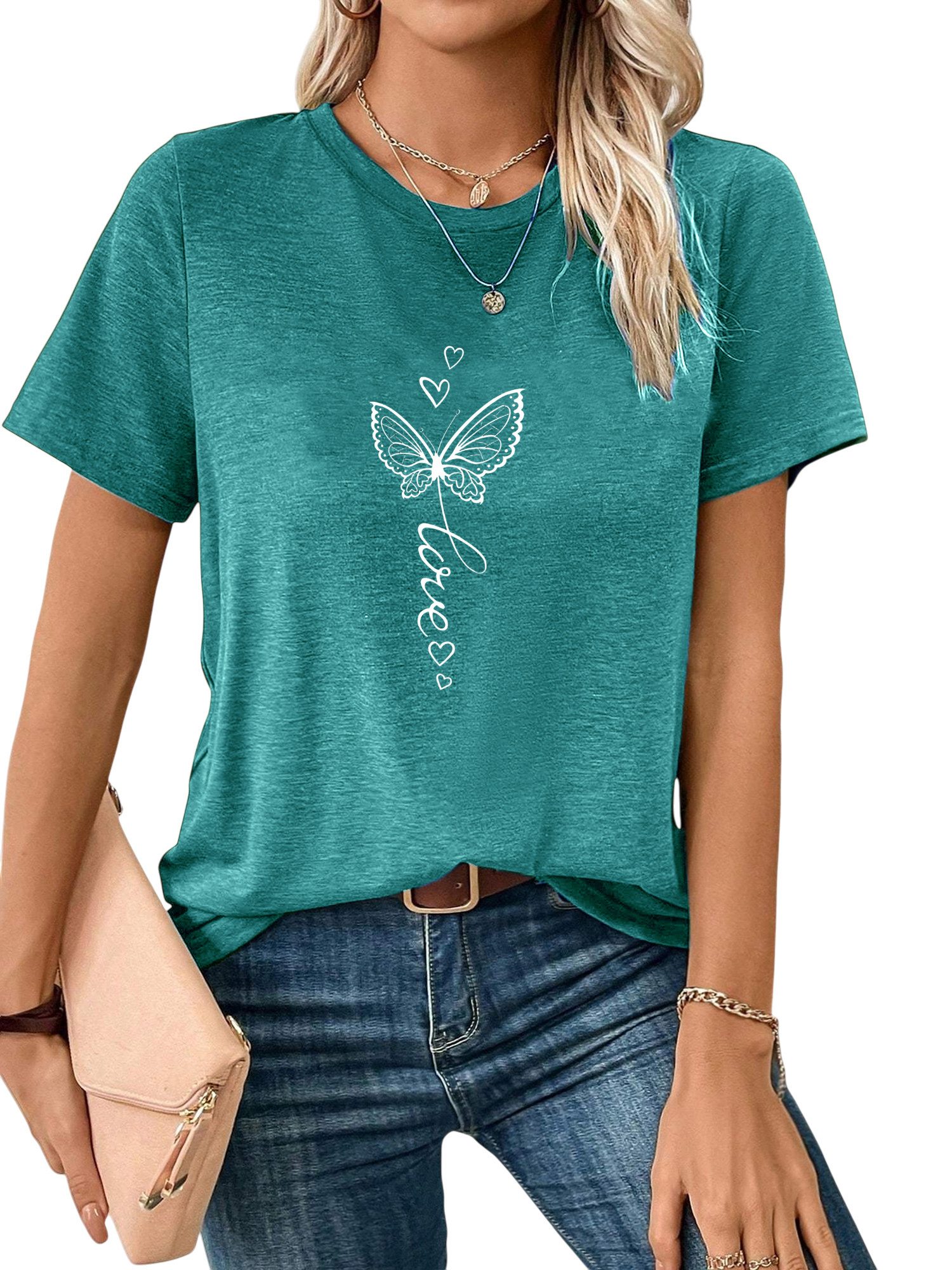 PYLIKE T-Shirt Shirts Damen Elegant Schmetterling Druck bequemes t shirt Bequem für Freizeit und Büro,Strandurlaub